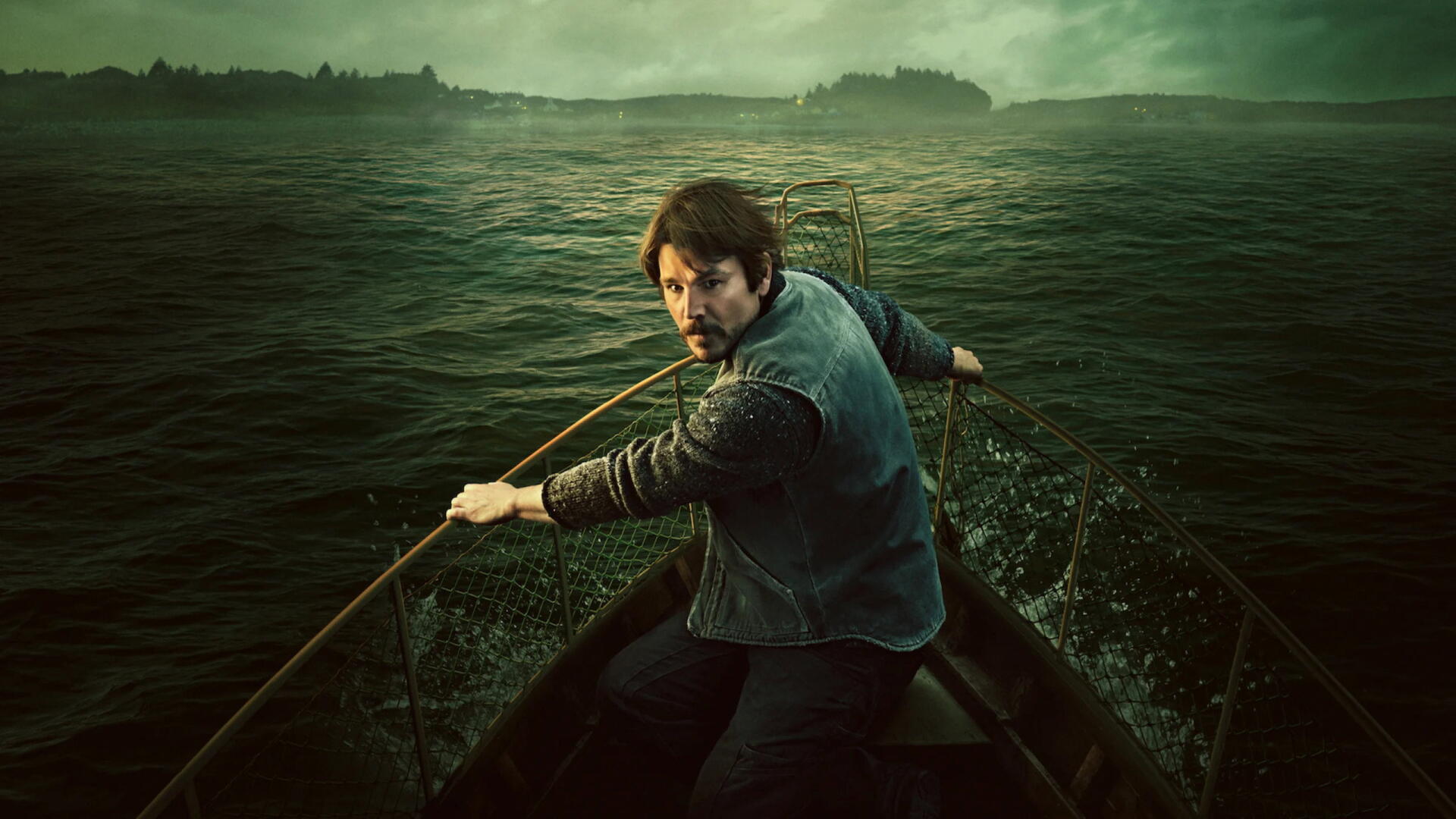 Below 2K Quad HD PC desktop wallpaper featuring a man rowing through dark waters beneath misty green mountains.