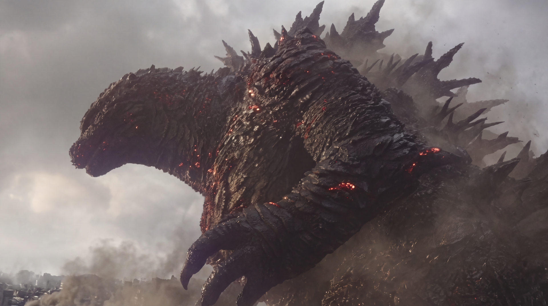 Godzilla Minus Zero looms through smoke in a dramatic 5K Ultra HD desktop wallpaper featuring the colossal monster.