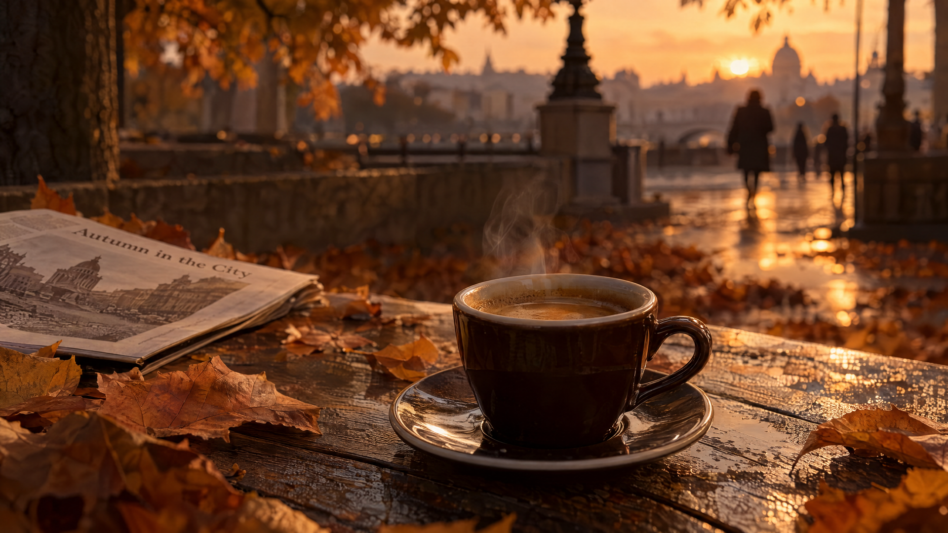 Espresso beside an open book on an autumn park bench at sunset, 4K Ultra HD PC desktop wallpaper and background.