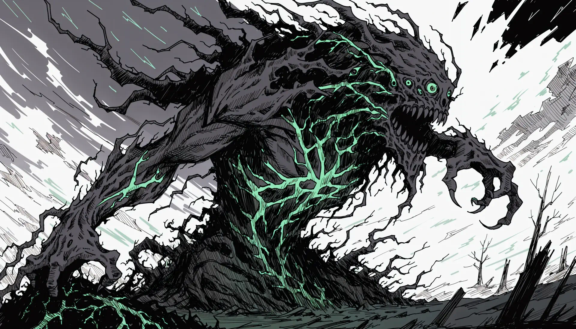 Black anime monster with glowing green veins lunging through a stormy forest, 4K Ultra HD PC desktop wallpaper.