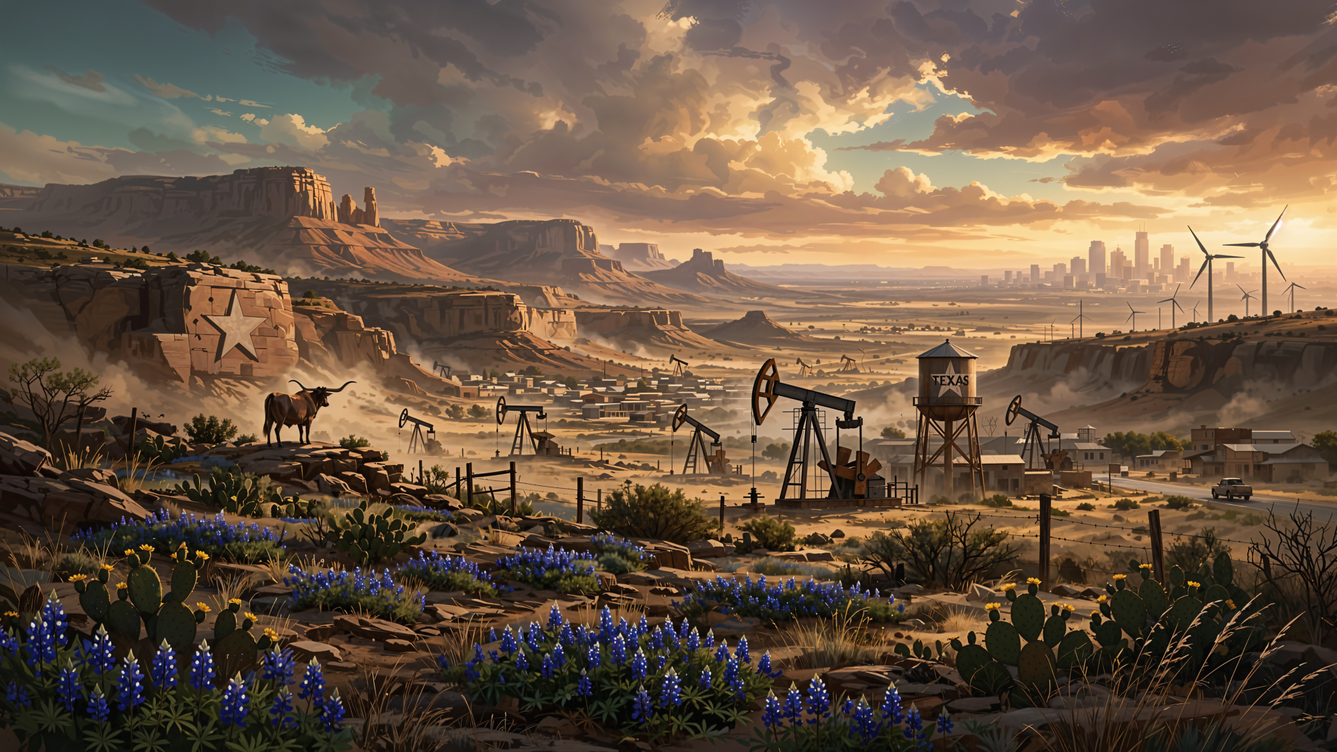 4K Ultra HD desktop wallpaper of oil pumps across a Texas desert landscape at sunset, with wildflowers, mesas, and a distant city skyline.