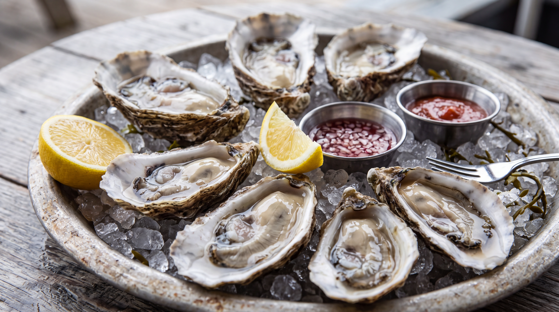 Fresh oysters on ice with lemon and sauces, featured in a 5K Ultra HD PC desktop wallpaper and background.