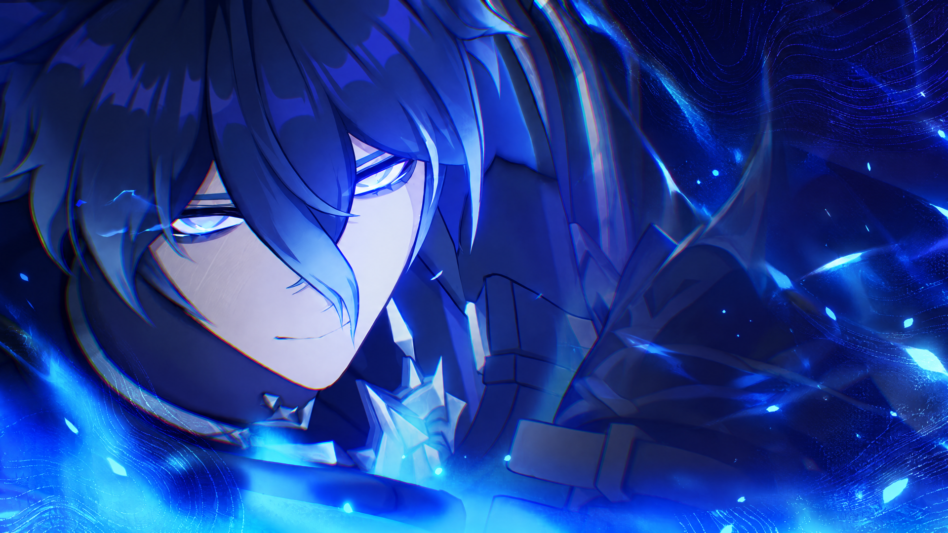 Flins from Genshin Impact, a blue-haired anime boy in glowing blue light, featured in a 4K Ultra HD PC desktop wallpaper.