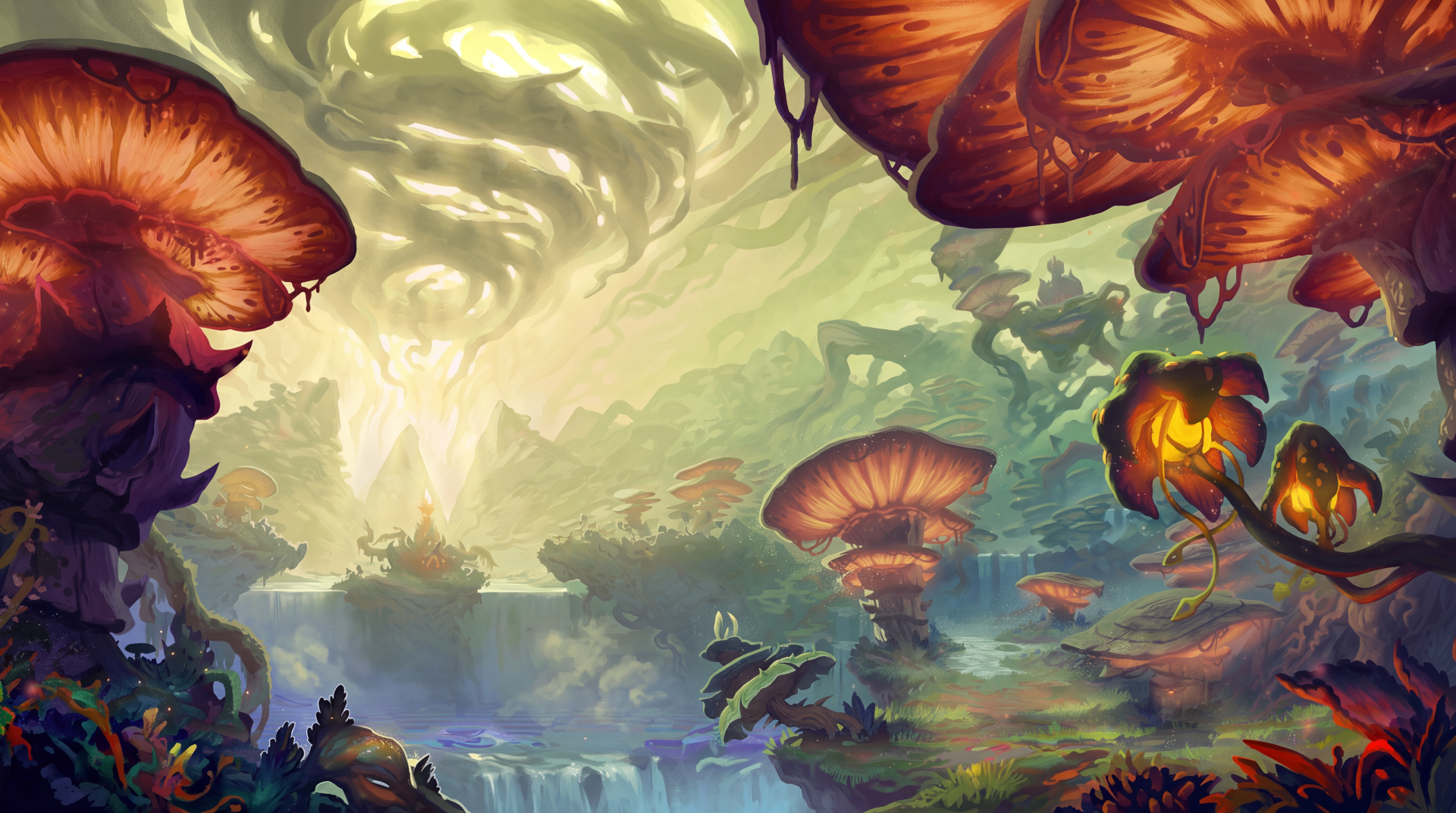 World of Warcraft: Midnight 5K Ultra HD desktop wallpaper featuring giant glowing mushrooms in a vivid fantasy landscape.