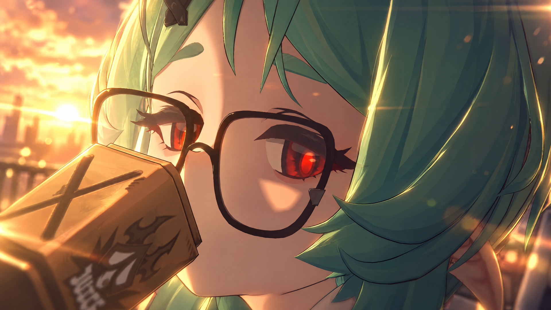 Roxy from Zenless Zone Zero in a close-up anime portrait with glasses and teal hair at sunset, 4K Ultra HD PC desktop wallpaper.