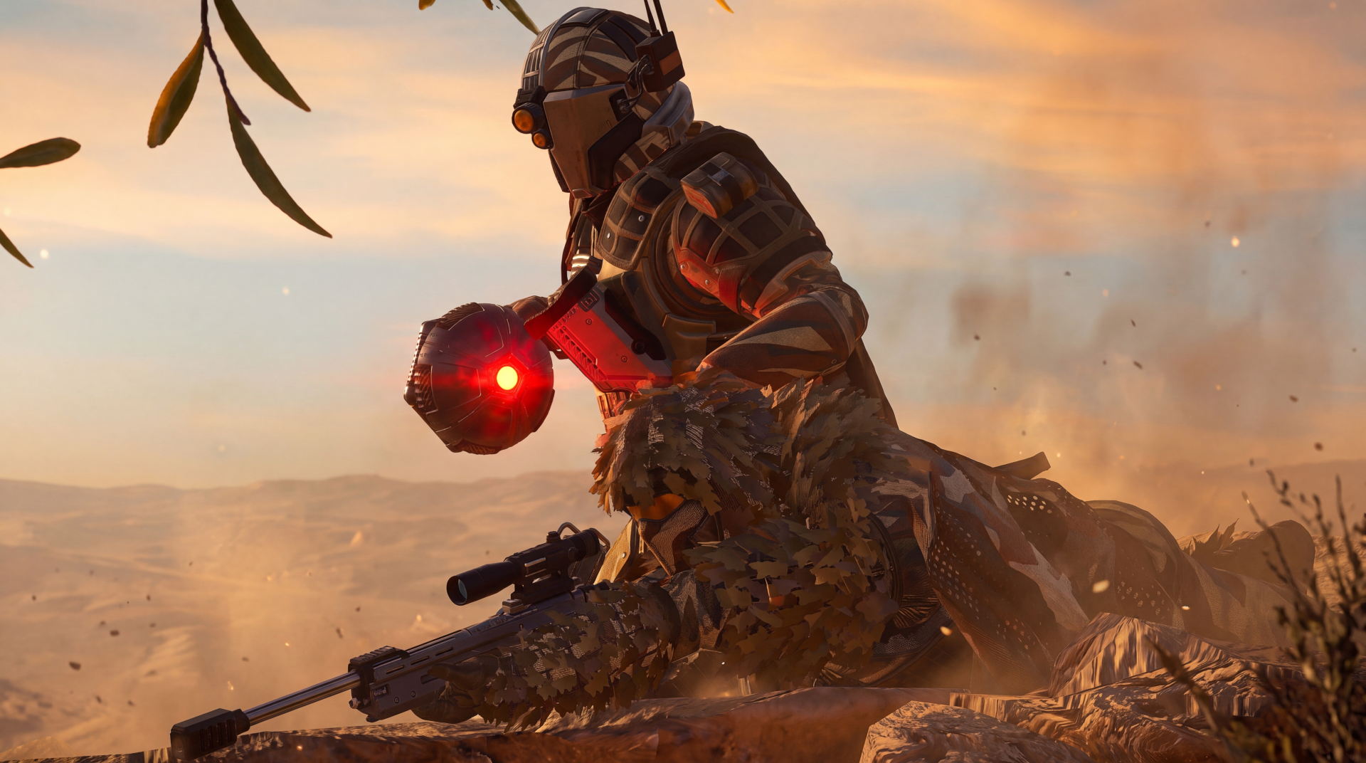 Helldivers 2 sci-fi soldier kneels in a dusty sunset landscape with a glowing red device and rifle, featured in a 5K Ultra HD PC desktop wallpaper.
