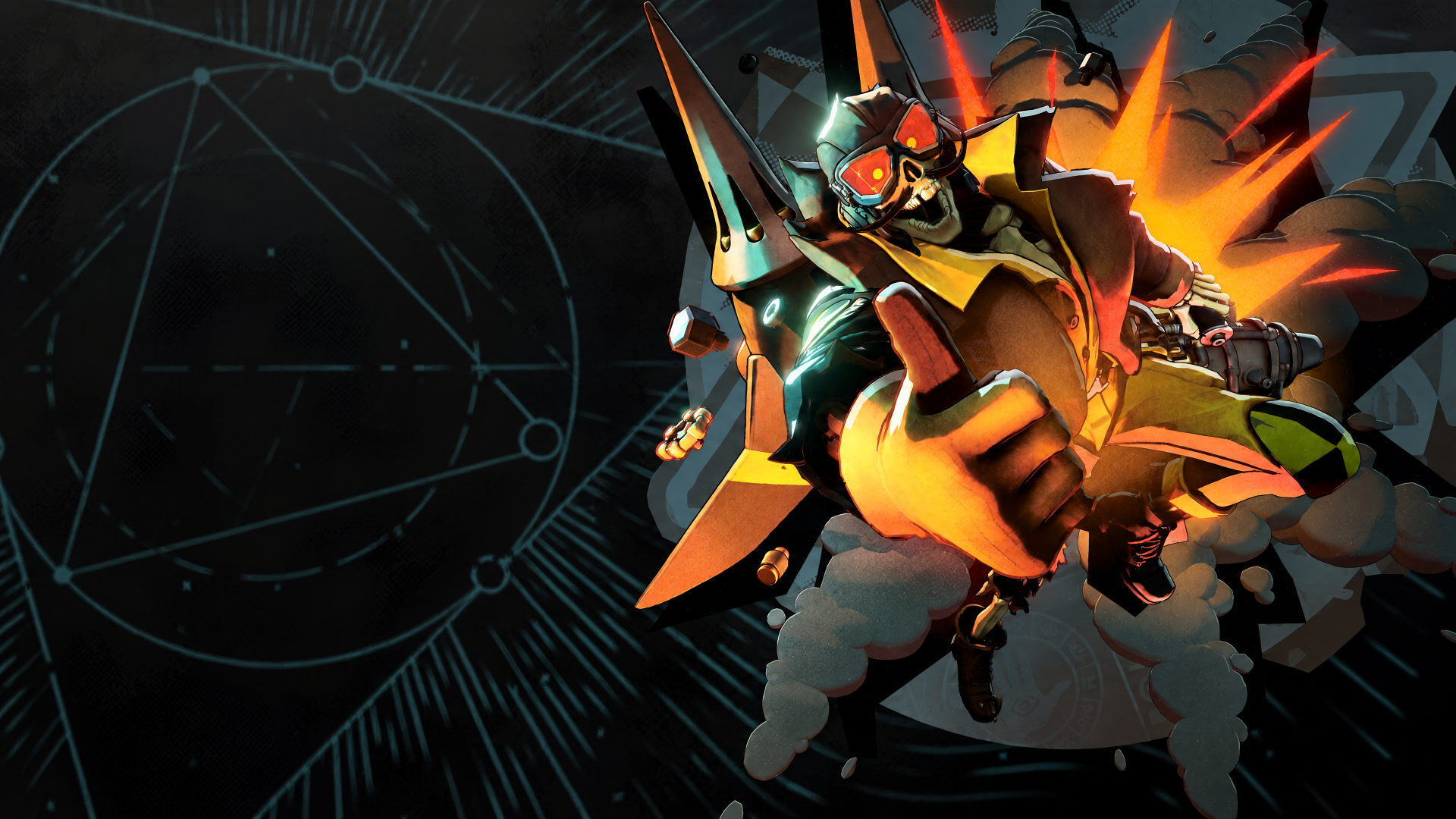 Deadman Danny, a sci-fi warrior from Deadlock (2024), amid an explosive battle in 4K Ultra HD PC desktop wallpaper.