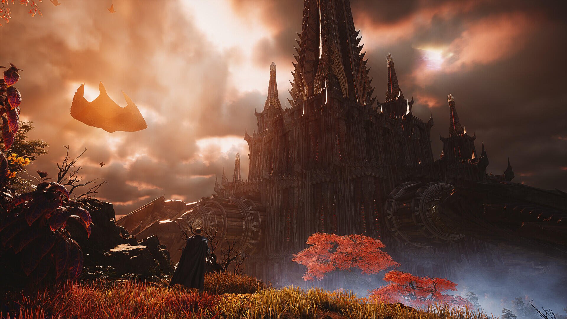 Aion 2 HD PC desktop wallpaper featuring a towering dark castle above an autumn landscape beneath a glowing sunset sky.