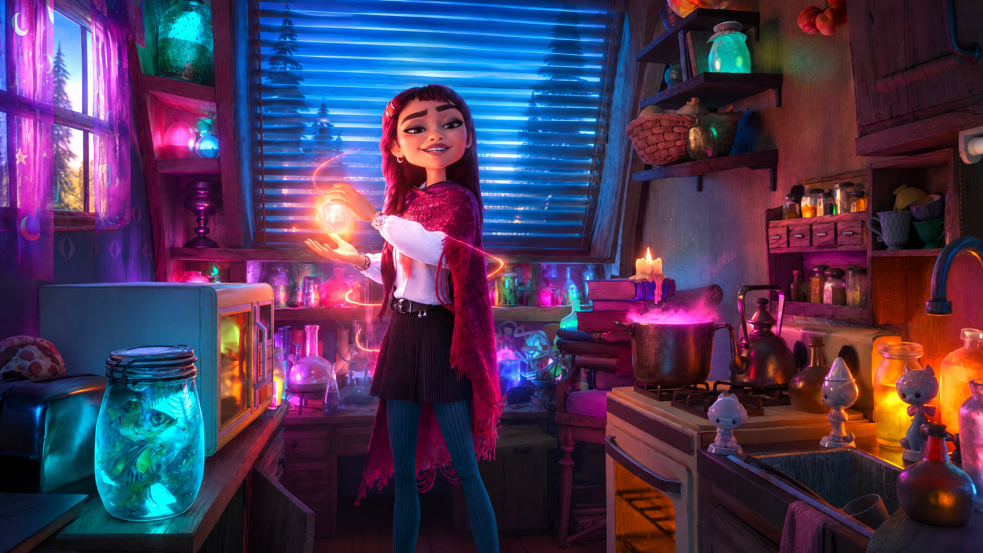 Hexed (2026) Disney girl casting glowing magic in a colorful potion room, 4K Ultra HD PC desktop wallpaper and background.