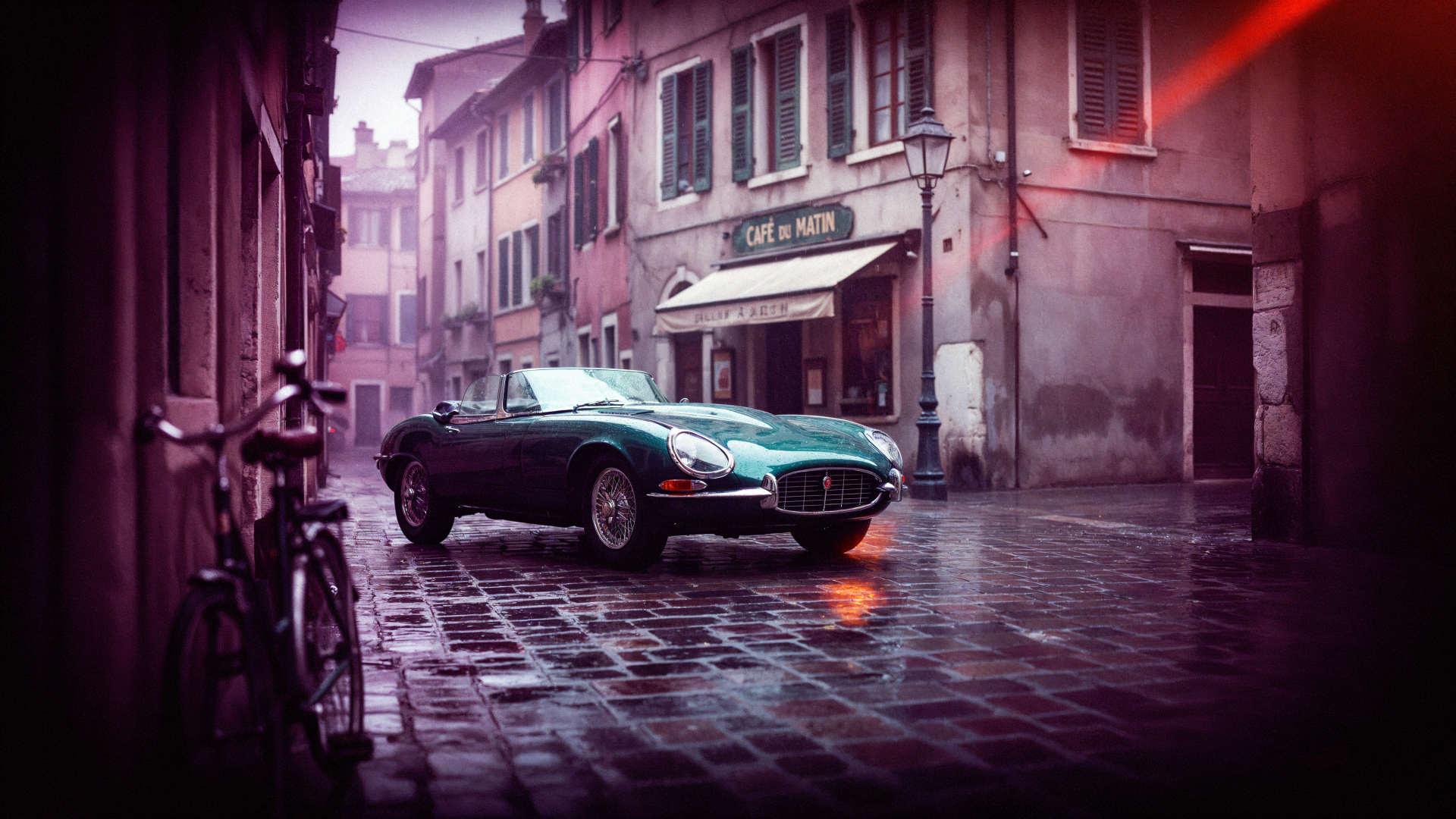 Classic Jaguar convertible on a rain-soaked city street, 4K Ultra HD desktop wallpaper and background.