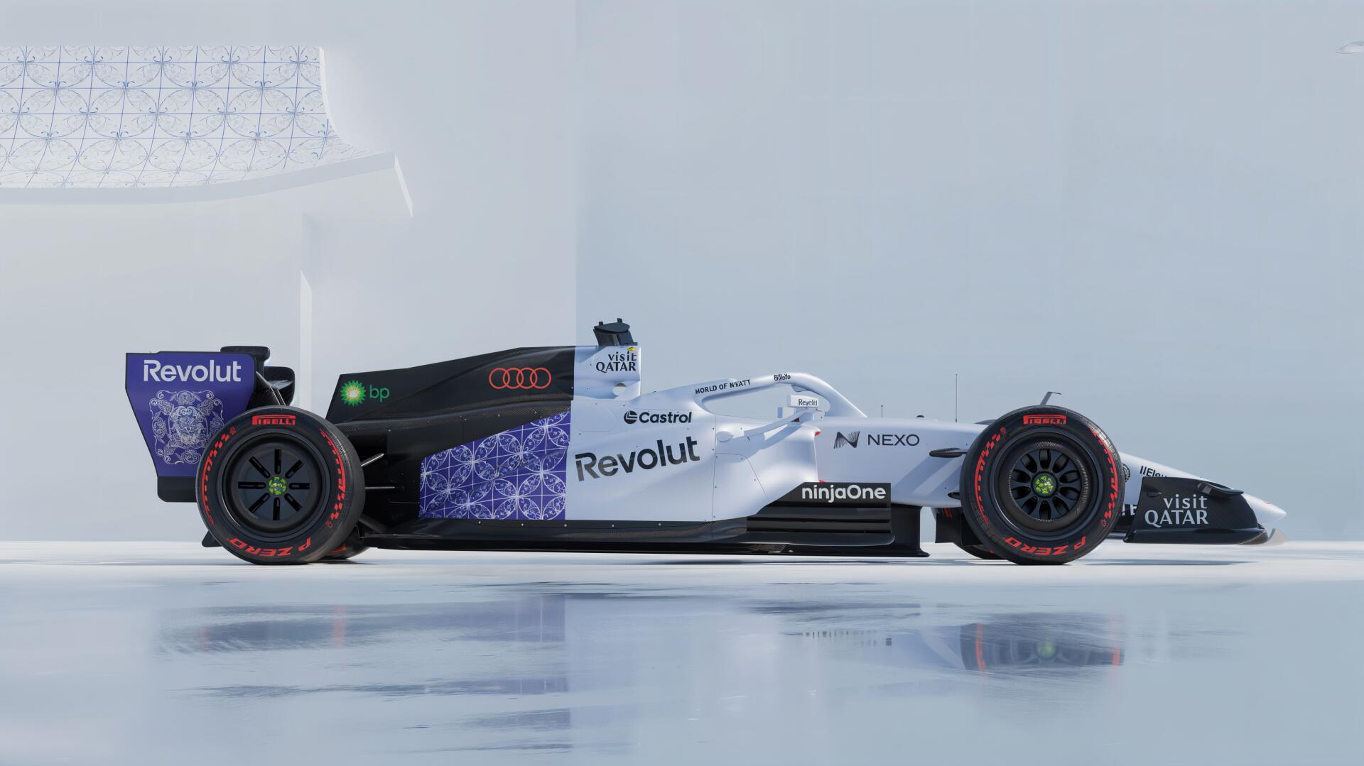 Audi R26 Formula One race car on an icy track, featured in a 4K Ultra HD PC desktop wallpaper background.
