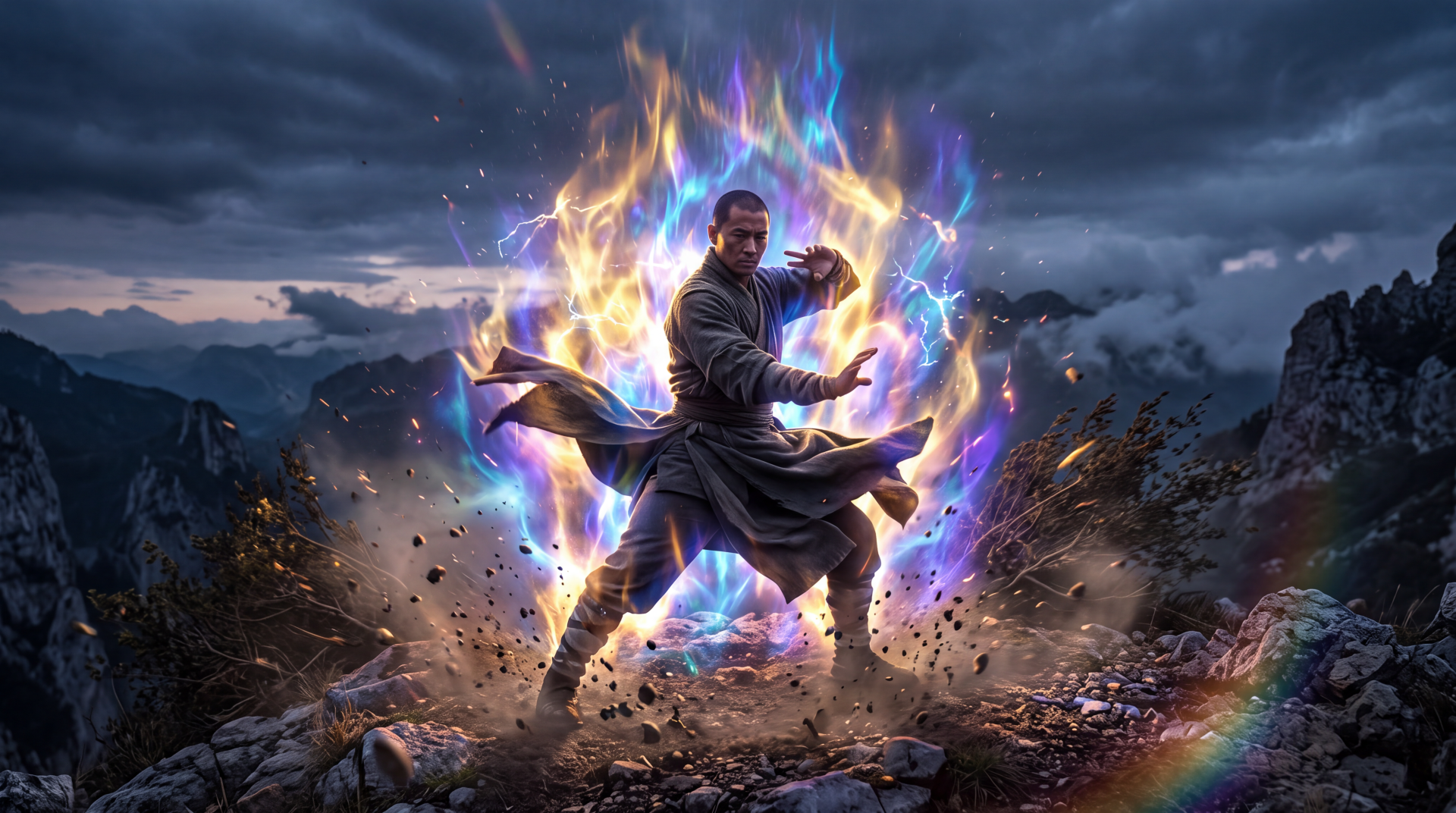 Martial artist surrounded by a blazing magical energy aura in a rocky mountain landscape, 5K Ultra HD PC desktop wallpaper.