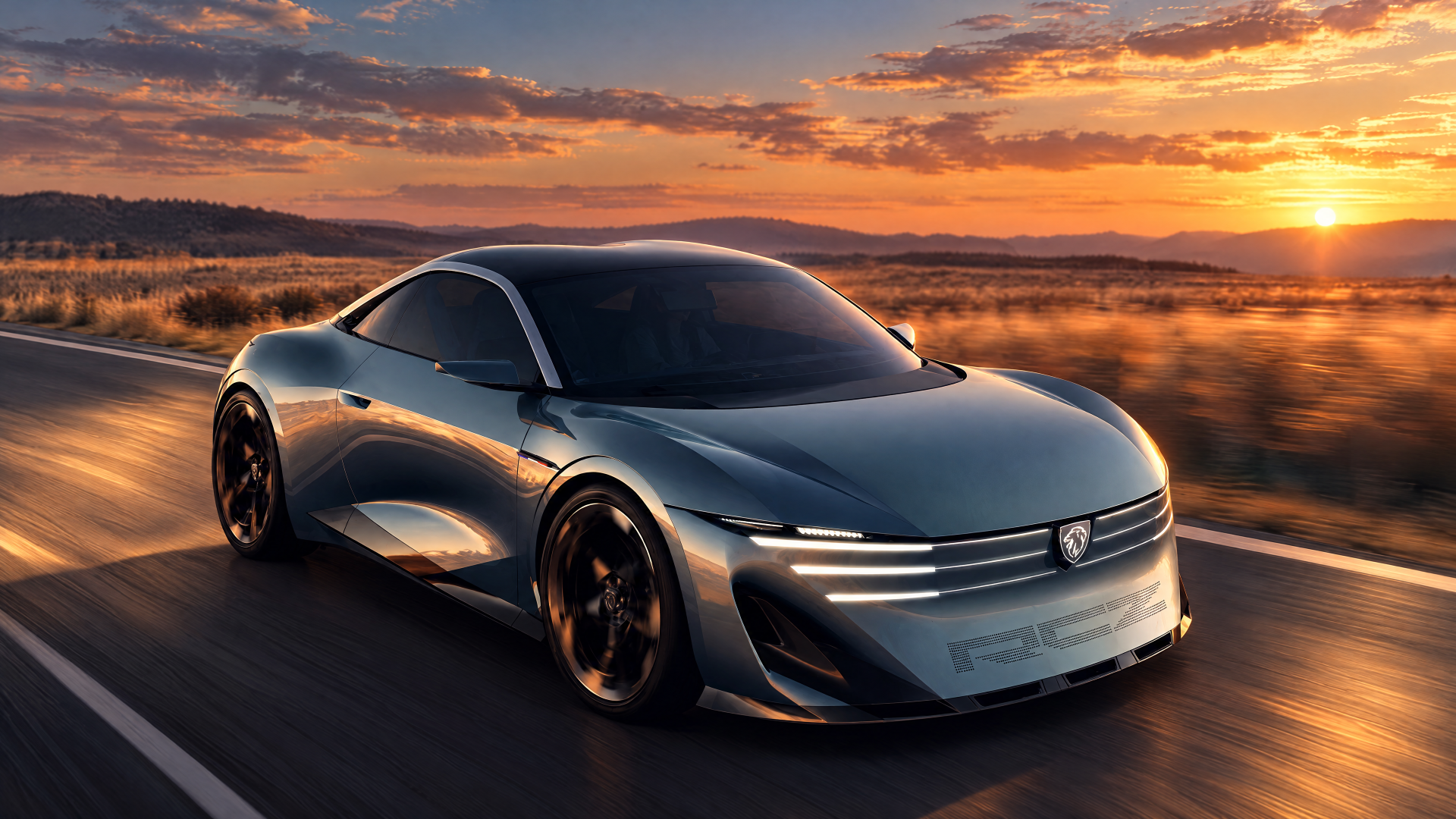 Peugeot RCZ Vision electric concept car at sunset, featured in a 4K Ultra HD desktop wallpaper background.