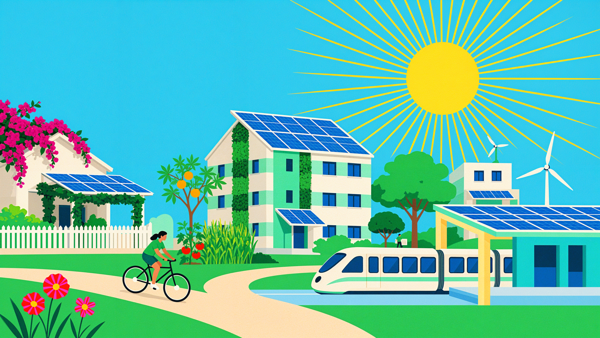 Solarpunk eco city with solar panels, wind turbines, green homes, and clean transit under a radiant sun, 4K Ultra HD desktop wallpaper.