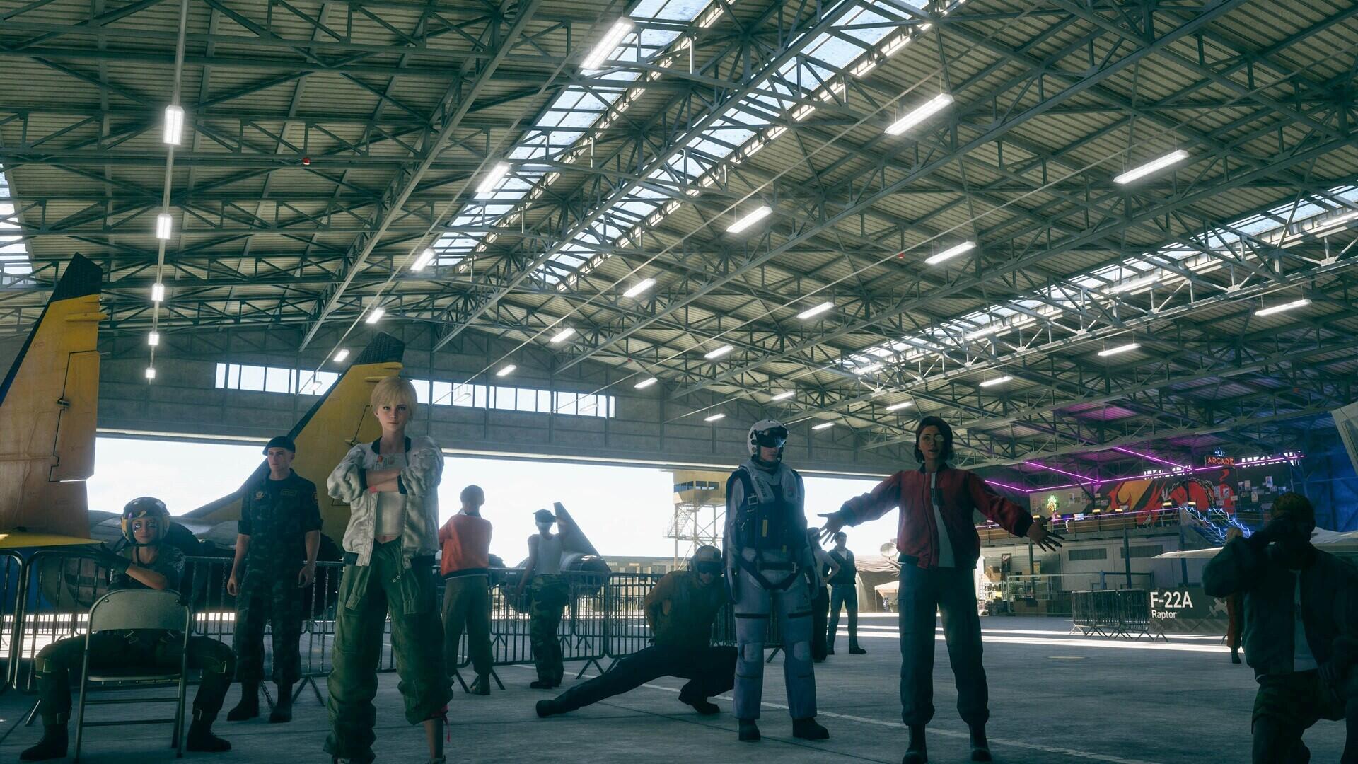 Ace Combat 8 HD PC desktop wallpaper featuring pilots and crew in a vast industrial aircraft hangar.
