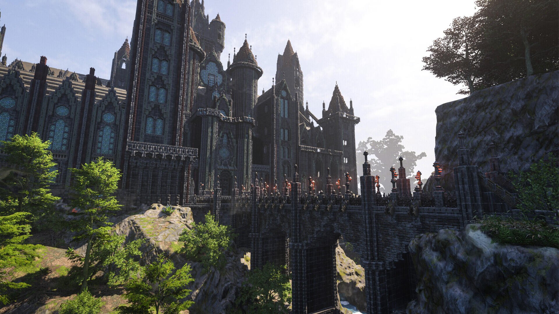 Enshrouded fantasy castle with towering gothic architecture, HD PC desktop wallpaper and background.