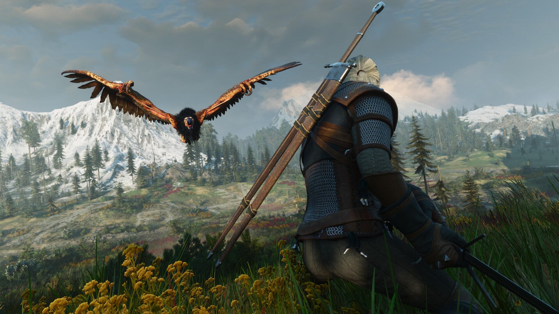 Geralt of Rivia watches an eagle soar over snowy mountains in The Witcher 3: Wild Hunt HD PC desktop wallpaper.