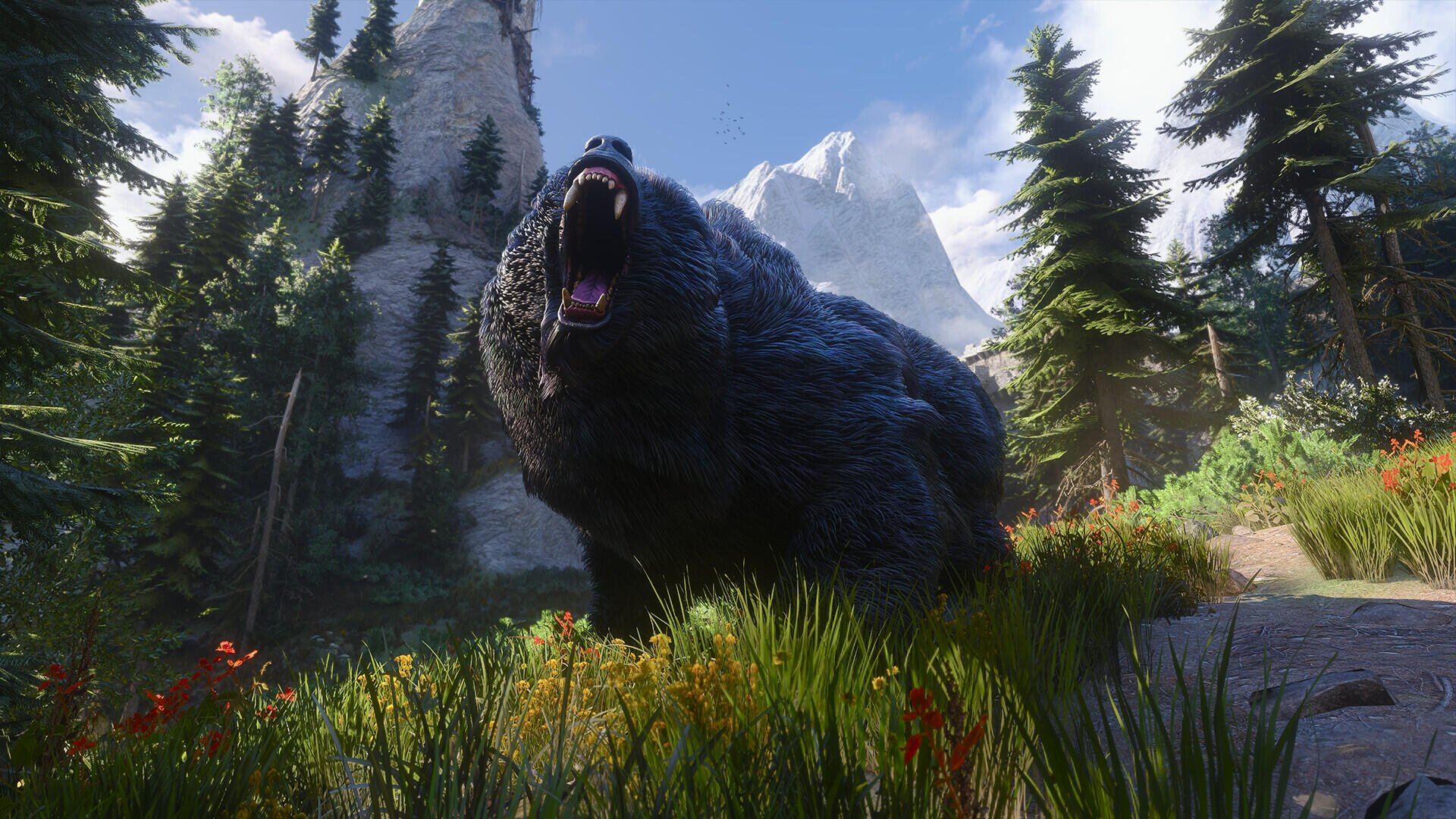 Geralt of Rivia faces a towering bear in a mountain forest in The Witcher 3: Wild Hunt HD PC desktop wallpaper.
