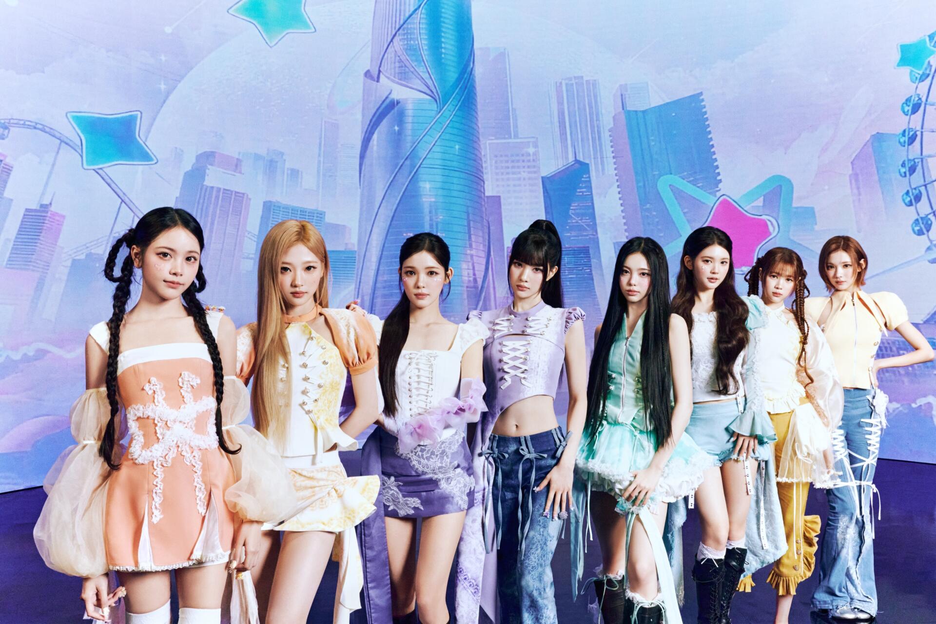 Hearts2Hearts girl band in colorful fashion poses against a futuristic Arena of Valor backdrop, 2K Quad HD desktop wallpaper
