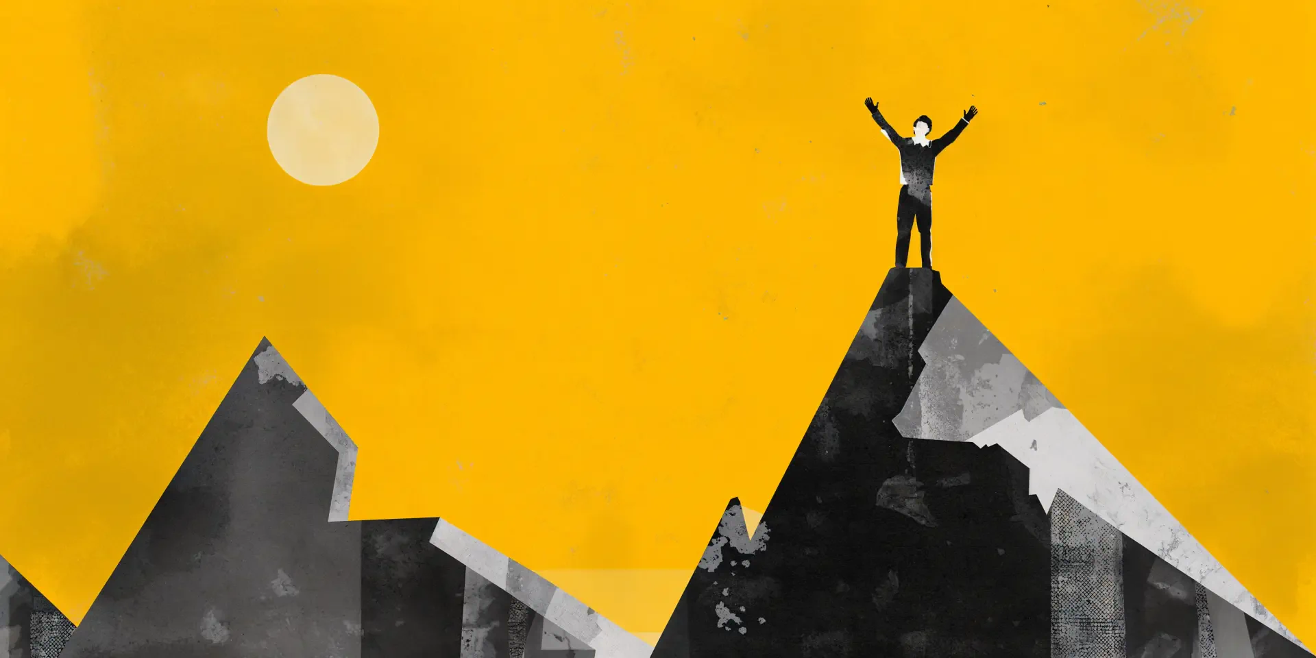 Hopeful person celebrating atop a mountain beneath a bright sun, 4K Ultra HD PC desktop wallpaper and background.