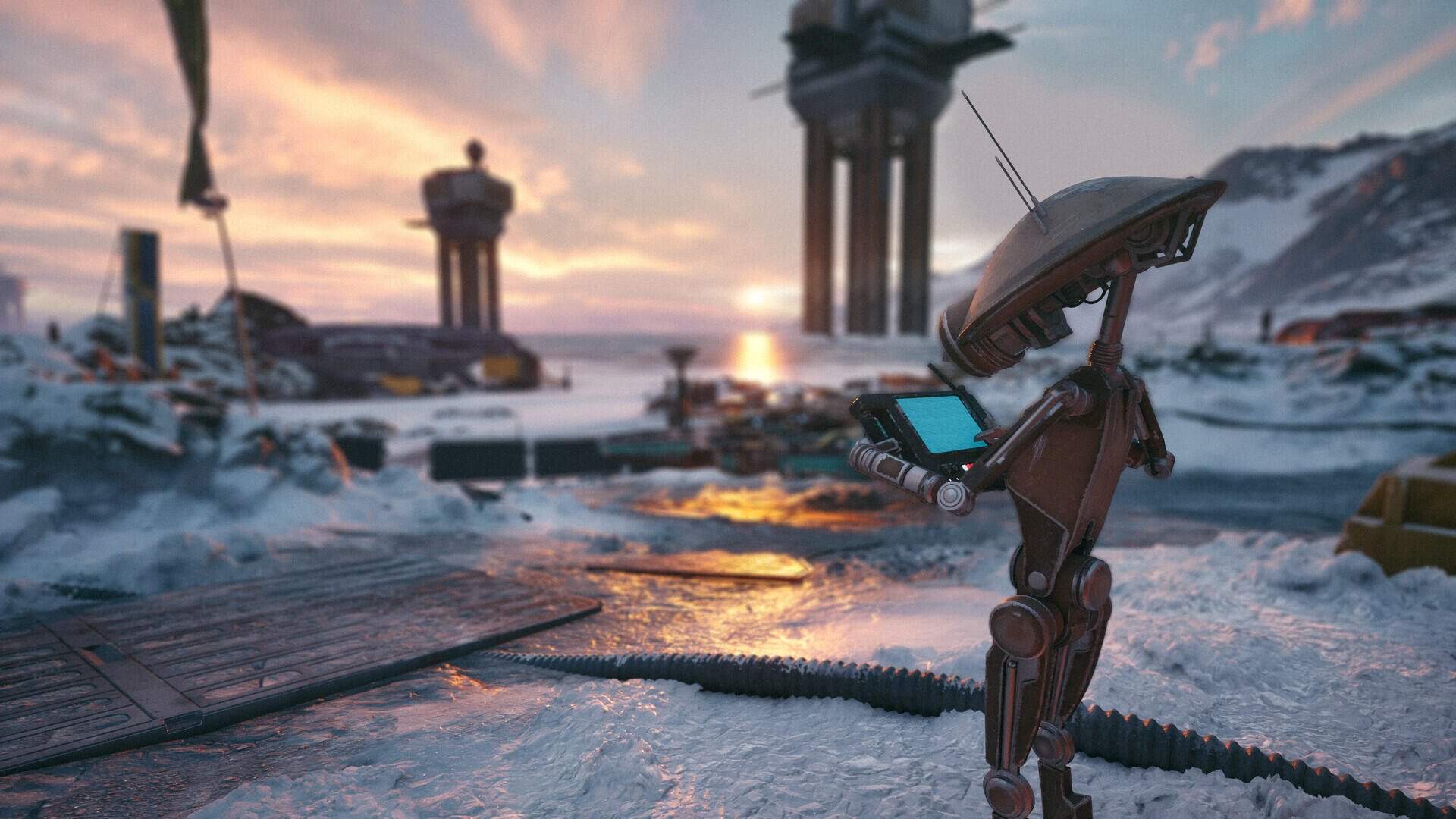 Star Wars: Galactic Racer HD PC desktop wallpaper featuring a futuristic droid at a snowy sci-fi outpost at sunset.