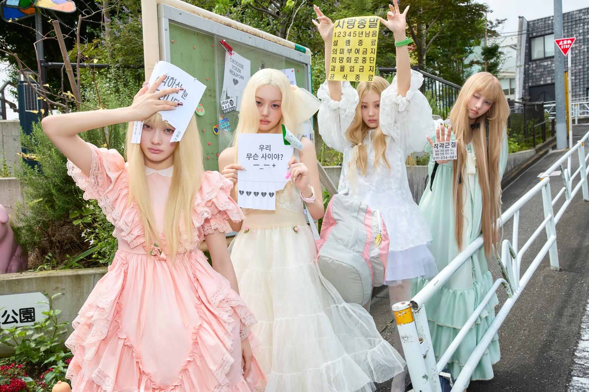 ILLIT members in pastel dresses pose outdoors with signs in this 4K Ultra HD Break Even PC desktop wallpaper and background.