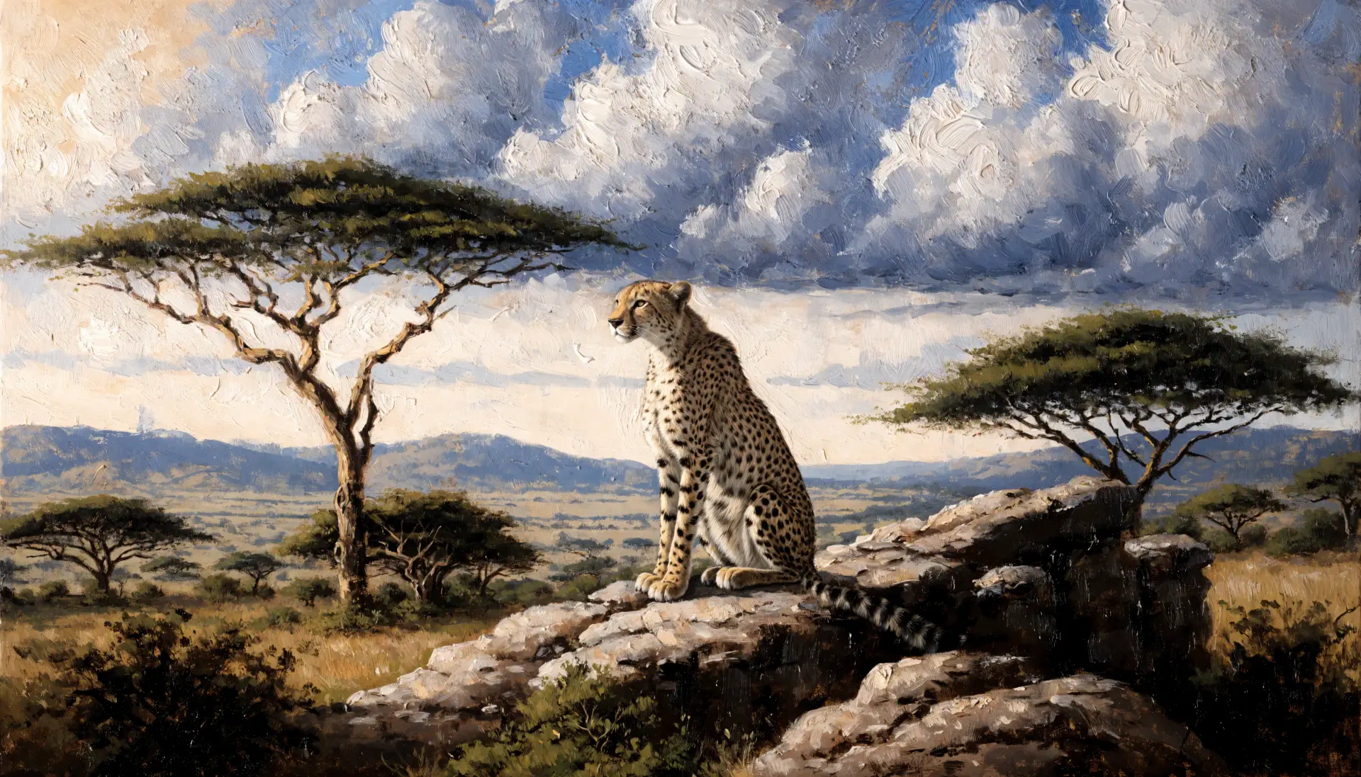 Cheetah perched on a rocky outcrop in a vast savanna beneath dramatic clouds, 4K Ultra HD desktop wallpaper