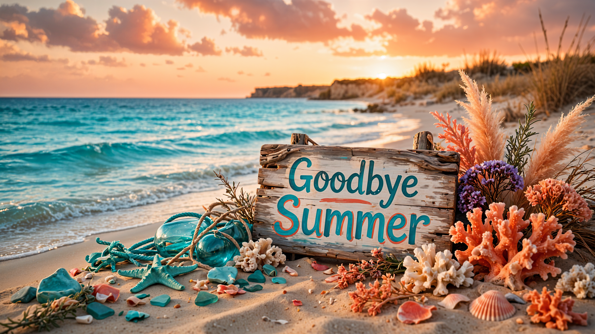 Goodbye Summer beach sign by a turquoise ocean at sunset, surrounded by seashells and coastal flowers—4K Ultra HD desktop wallpaper.