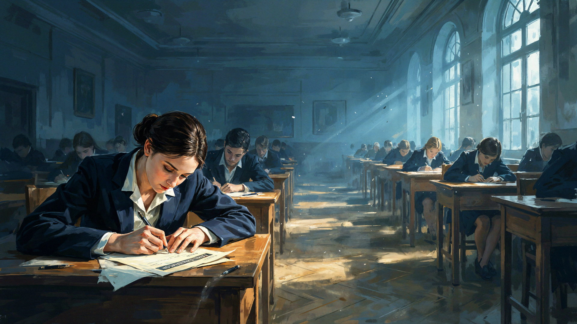 Student taking an exam in a sunlit classroom, 4K Ultra HD PC desktop wallpaper and background.