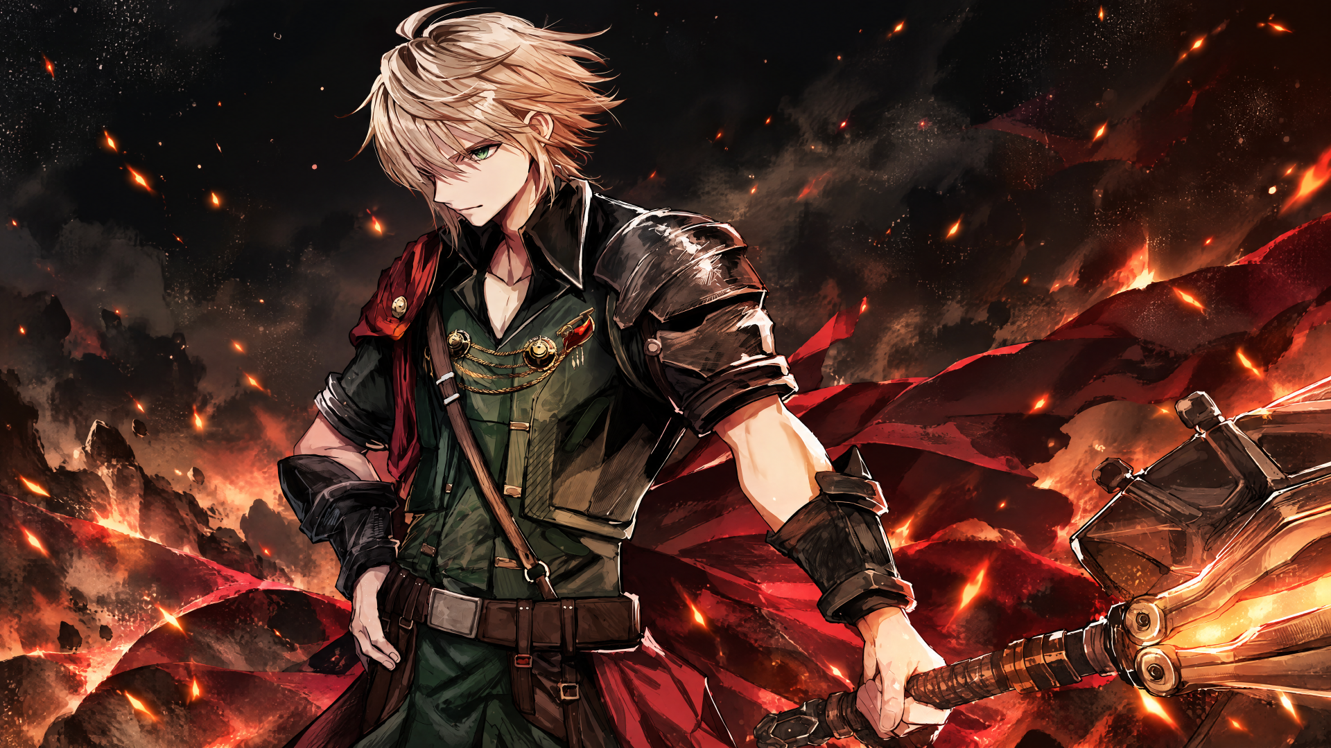 Final Fantasy Resonance warrior in dark armor amid a fiery battlefield, 4K Ultra HD PC desktop wallpaper and background.
