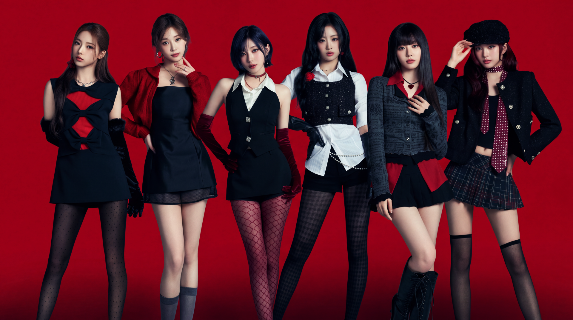BABYMONSTER K-pop members Asa, Ahyeon, and Pharita pose in coordinated black outfits against a red backdrop, 5K Ultra HD desktop wallpaper.