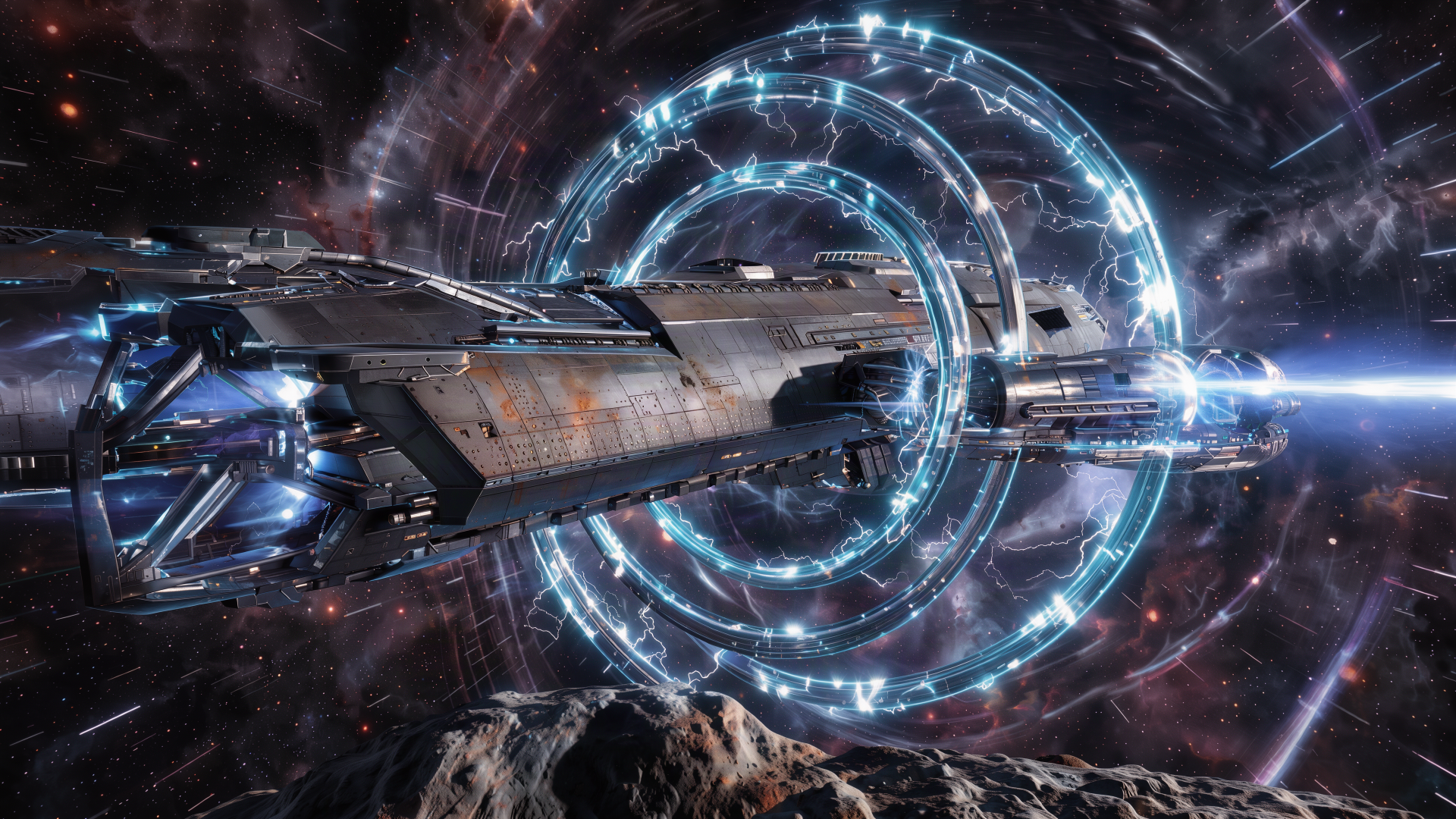 Sci-fi spaceship entering a glowing warp drive portal in deep space, 4K Ultra HD PC desktop wallpaper and background.