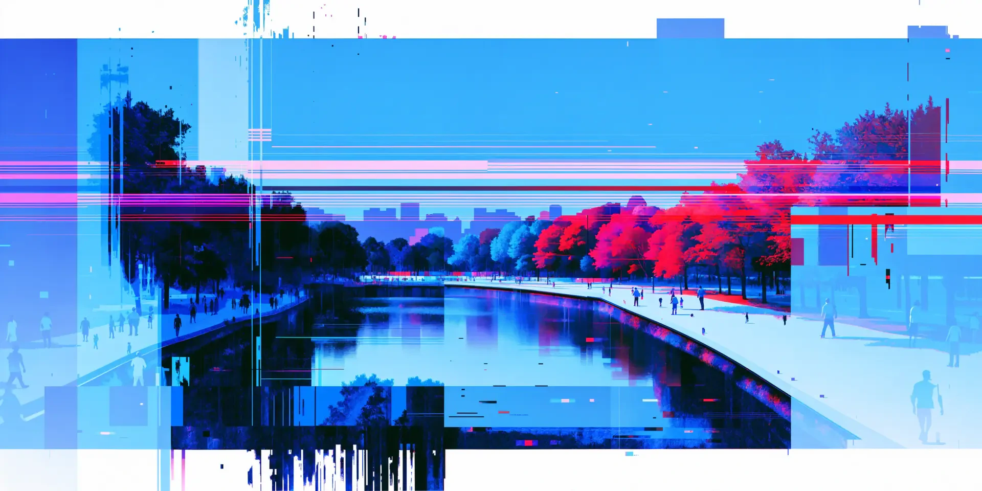 Glitch-art Central Park river landscape with vivid pink and blue trees, featured in a 4K Ultra HD PC desktop wallpaper.