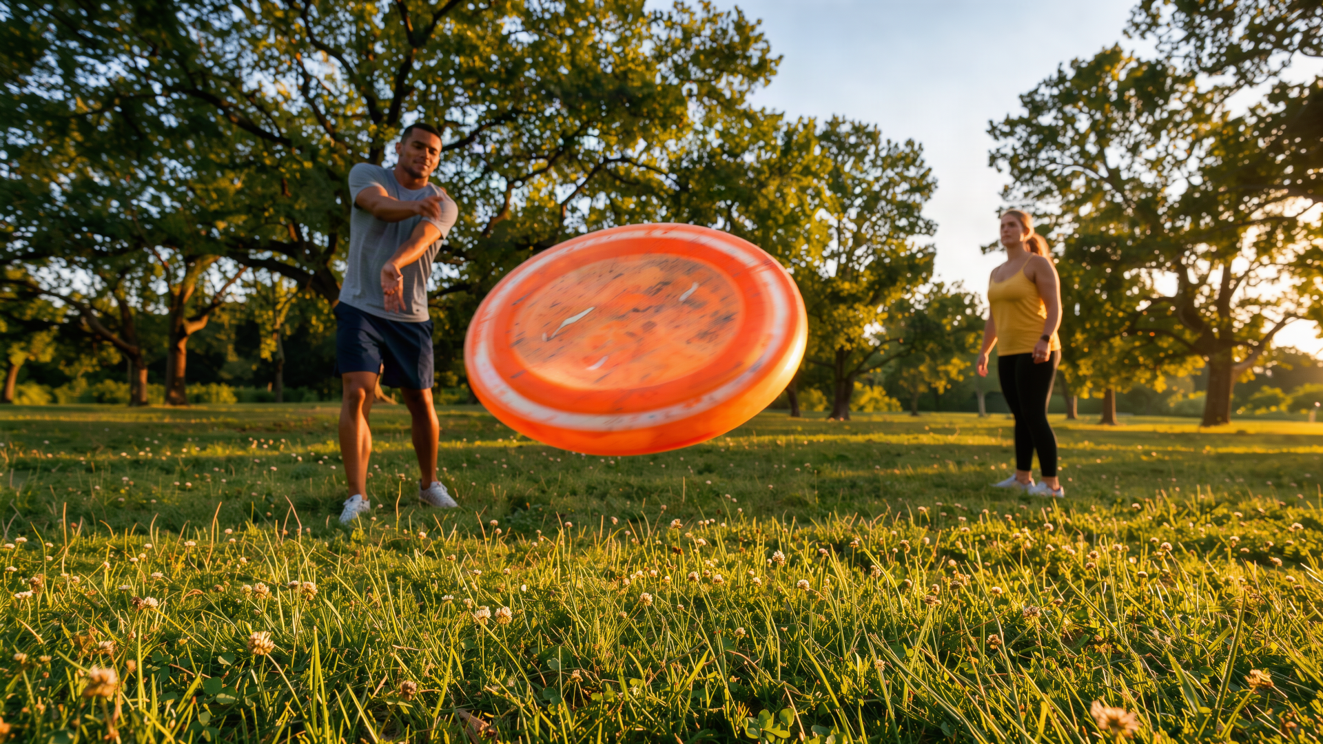 People play frisbee in a sunlit park at golden hour, captured as a 4K Ultra HD PC desktop wallpaper and background.