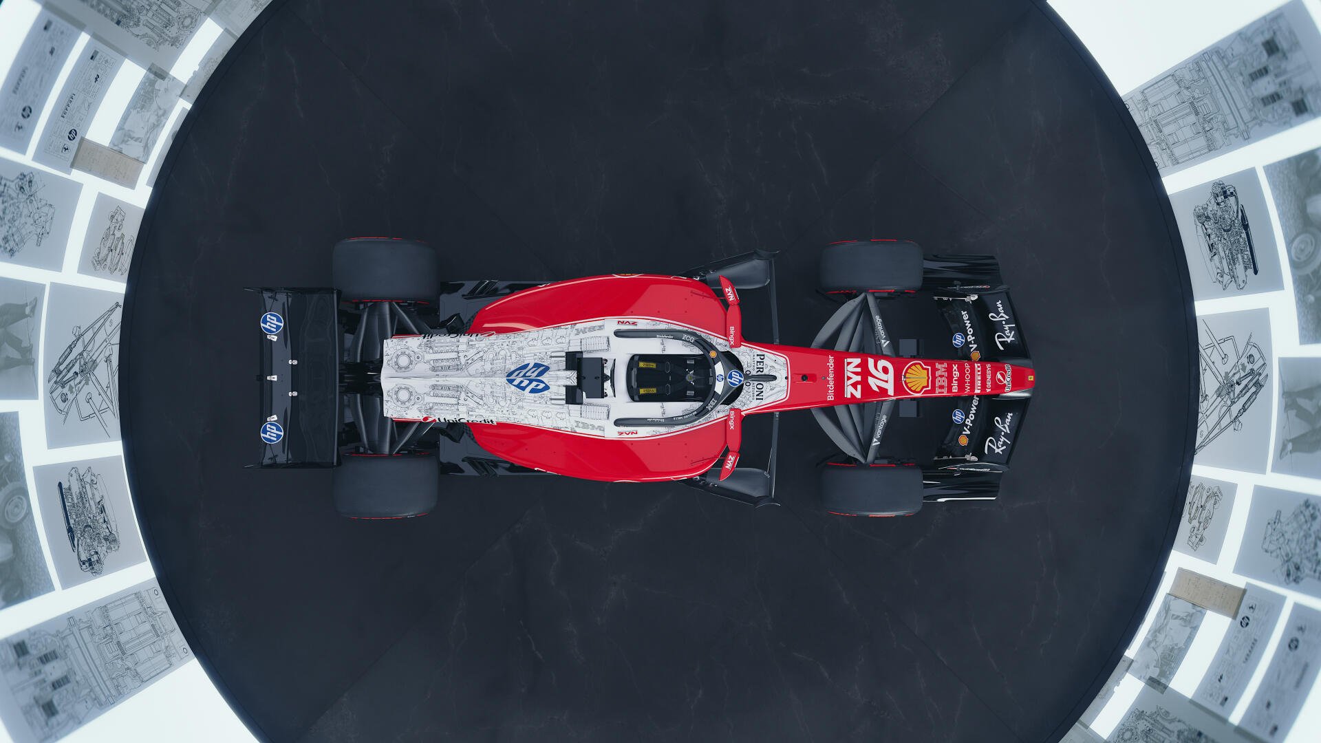 Overhead view of the Ferrari SF-26 Formula One race car on a dark circular track, 4K Ultra HD PC desktop wallpaper.