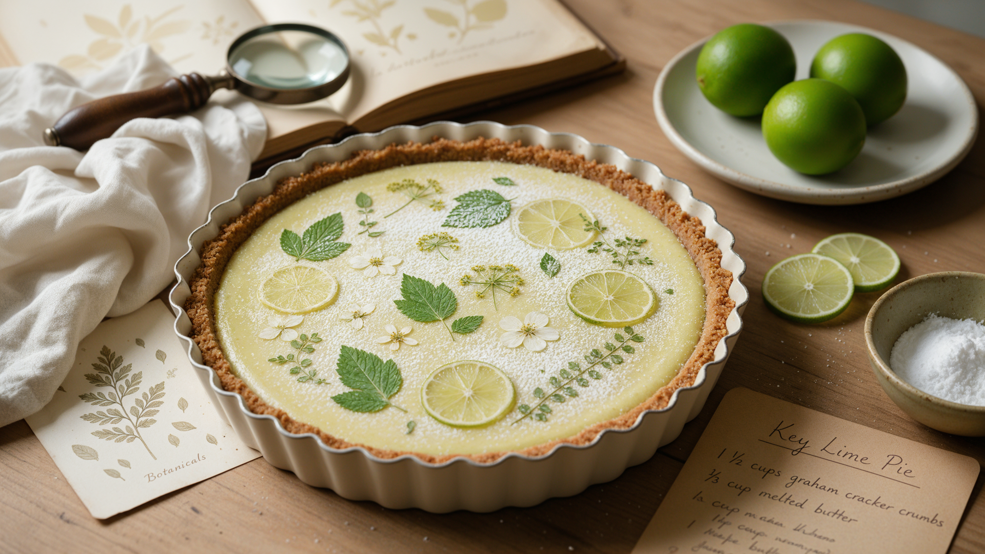Key lime pie tart with lime slices and fresh herb leaves, styled as a 4K Ultra HD PC desktop wallpaper background.