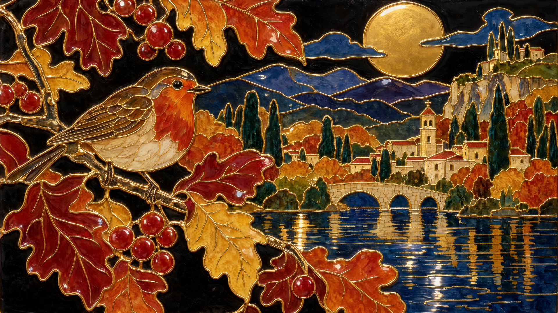 Autumn bird amid golden leaves overlooking a moonlit river, stone bridge, and village, 4K Ultra HD PC desktop wallpaper background.