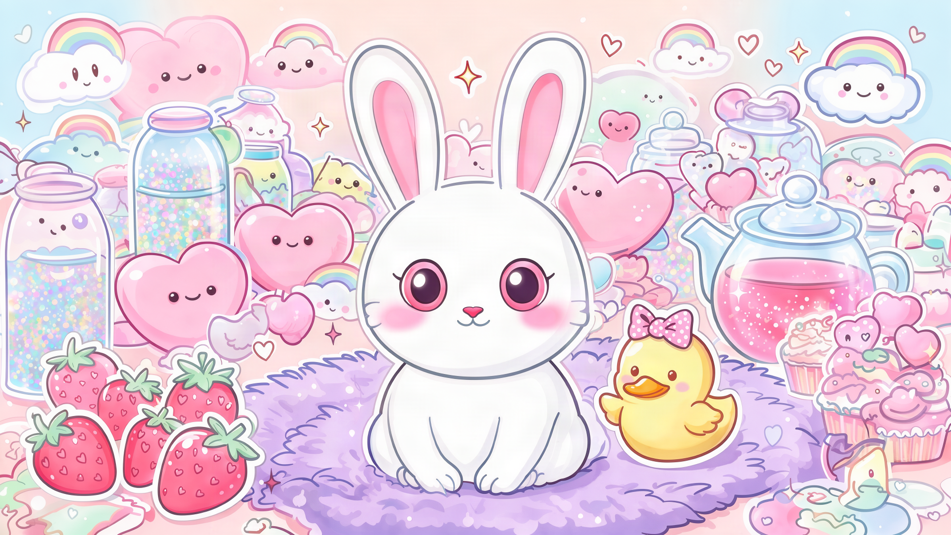 Cutecore cartoon rabbit surrounded by pastel hearts, clouds, and strawberries, 4K Ultra HD PC desktop wallpaper and background.