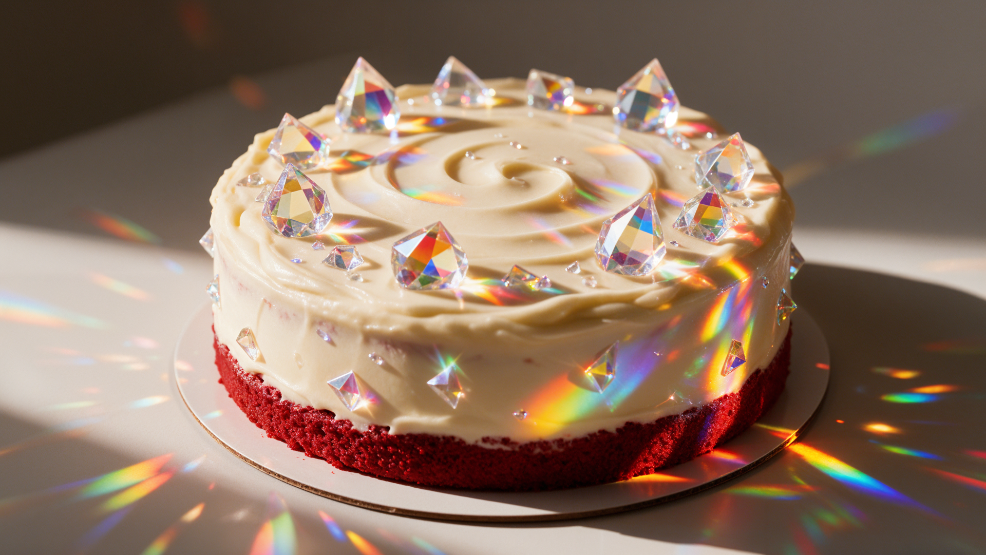 Red velvet birthday cake with creamy frosting and sparkling decorations, featured in a 4K Ultra HD desktop wallpaper background.