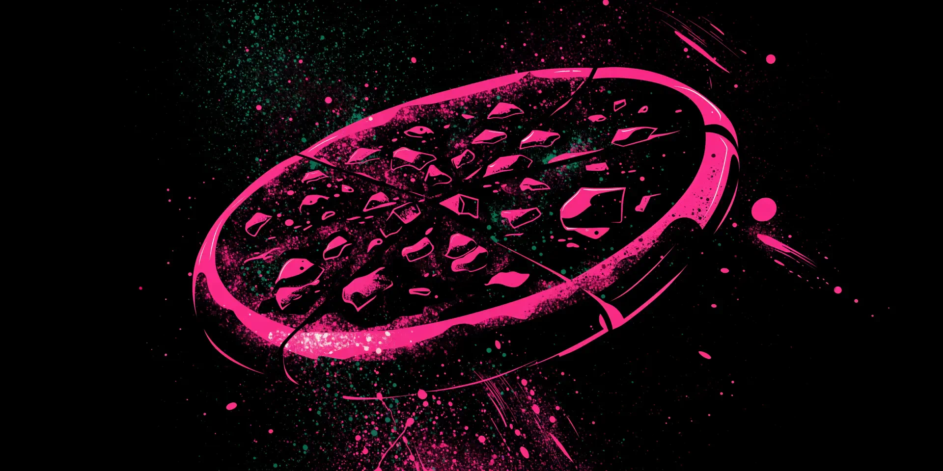 Abstract neon pink meat lovers pizza on a black background, 4K Ultra HD PC desktop wallpaper.