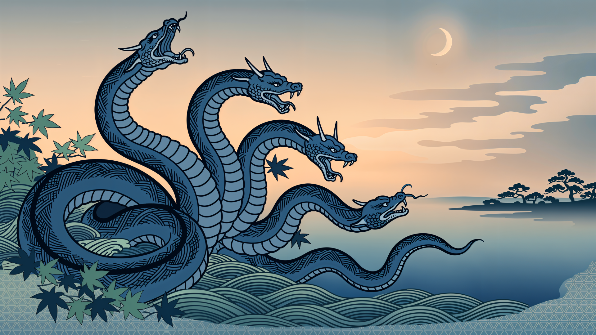 A multi-headed blue hydra dragon sea monster rises from ocean waves at dusk in this 4K Ultra HD PC desktop wallpaper and background.