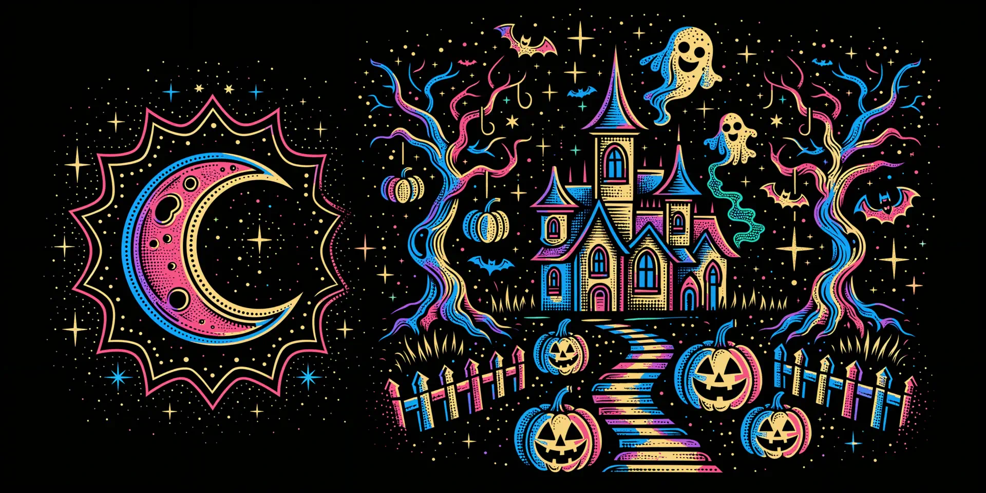 Colorful Halloween haunted house with ghosts, glowing pumpkins, crescent moon, and stars on a black background, 4K Ultra HD PC desktop wallpaper.
