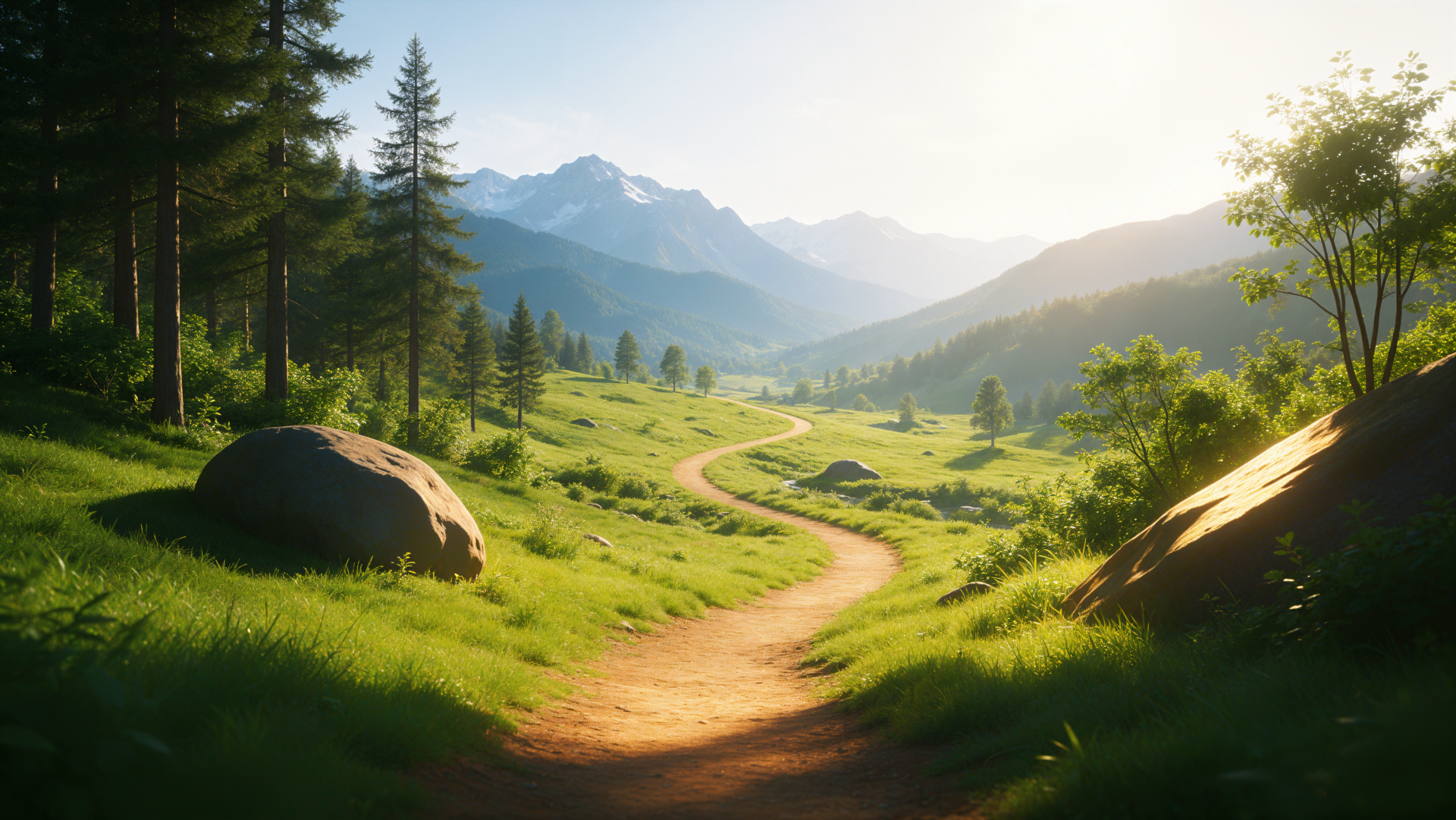 Sunlit hiking trail winds through a green mountain valley meadow, framed by trees and distant peaks — 4K Ultra HD desktop wallpaper.