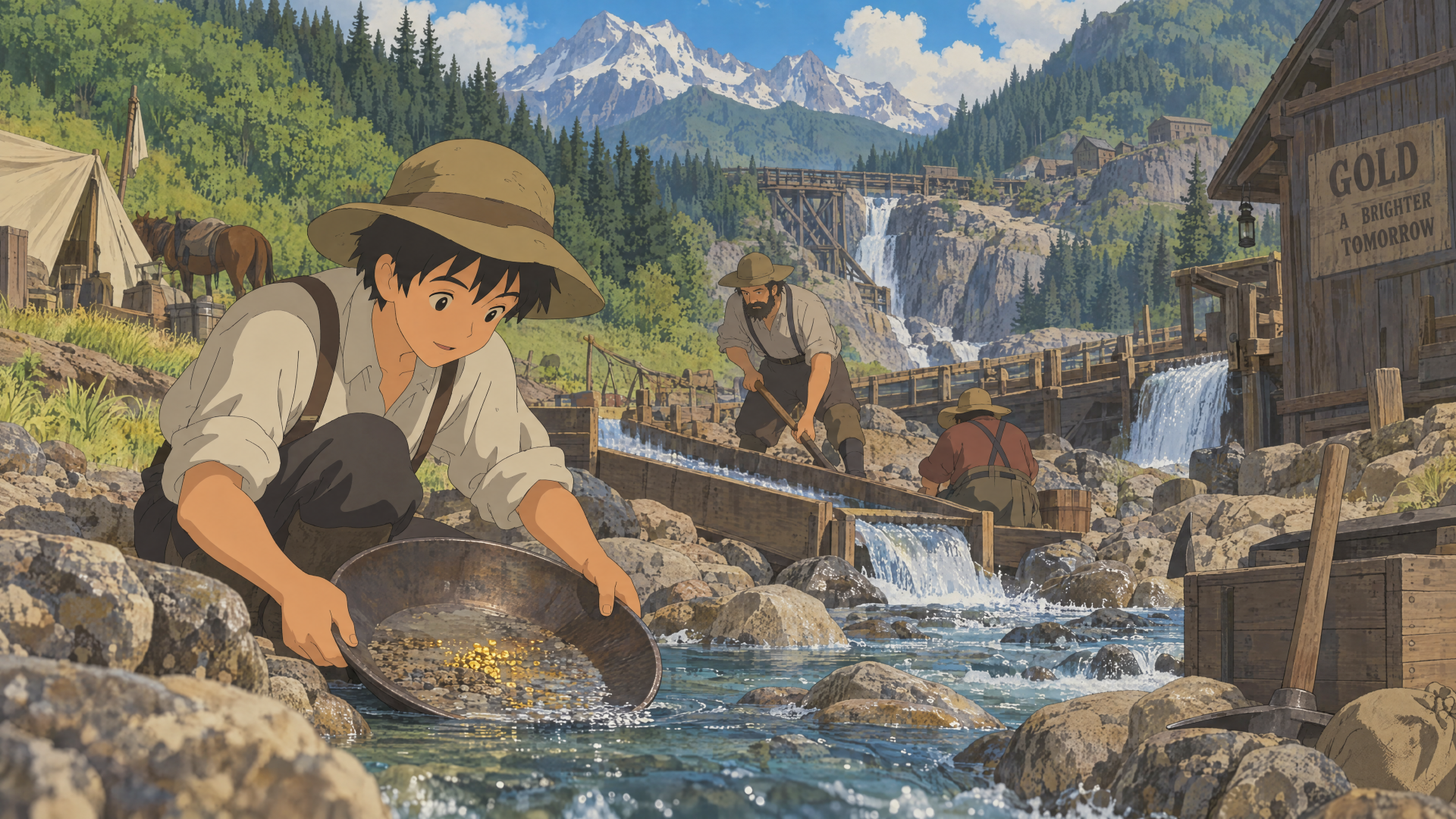 Anime gold panning on a mountain river, with miners and a scenic waterfall—4K Ultra HD PC desktop wallpaper and background.