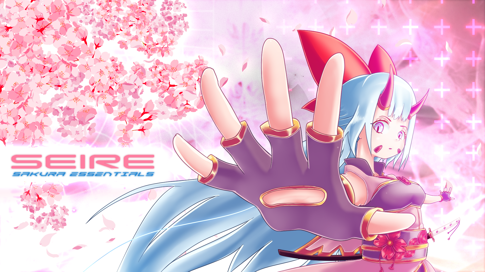 HD desktop wallpaper of a blue-haired anime girl reaching toward the viewer beneath pink sakura blossoms.