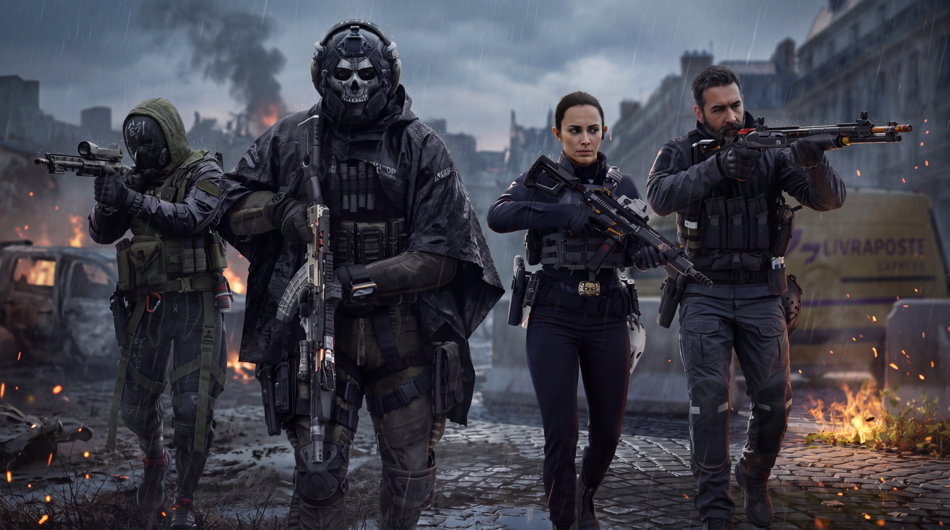 Call of Duty: Modern Warfare 4 soldiers armed with rifles in a battle-scarred city, 5K Ultra HD PC desktop wallpaper background.