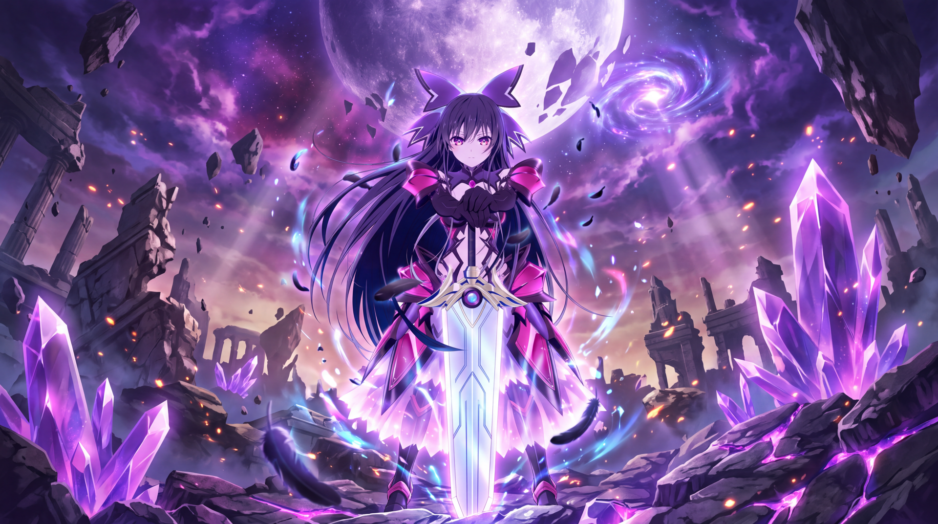 Tohka Yatogami unleashes purple magic amid shattered ruins in this 5K Ultra HD Date A Live anime girl desktop wallpaper and background.