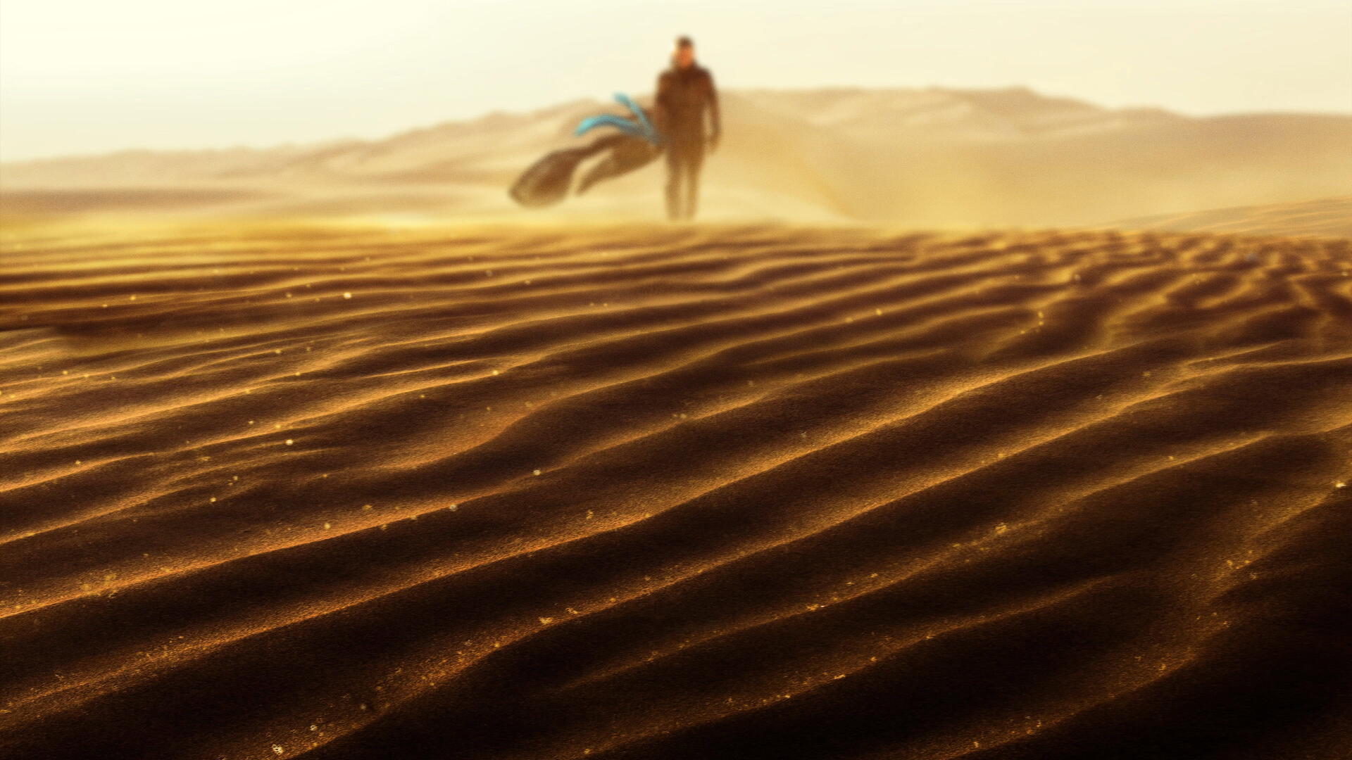 Dune: Part Three 4K Ultra HD PC desktop wallpaper featuring a lone traveler crossing sunlit, rippling desert dunes.
