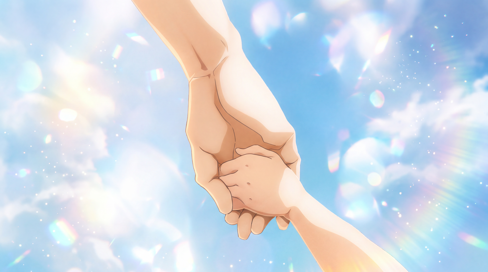 Bleach: Thousand-Year Blood War anime wallpaper in 5K Ultra HD, featuring two hands holding tightly against a bright, cloud-filled sky.