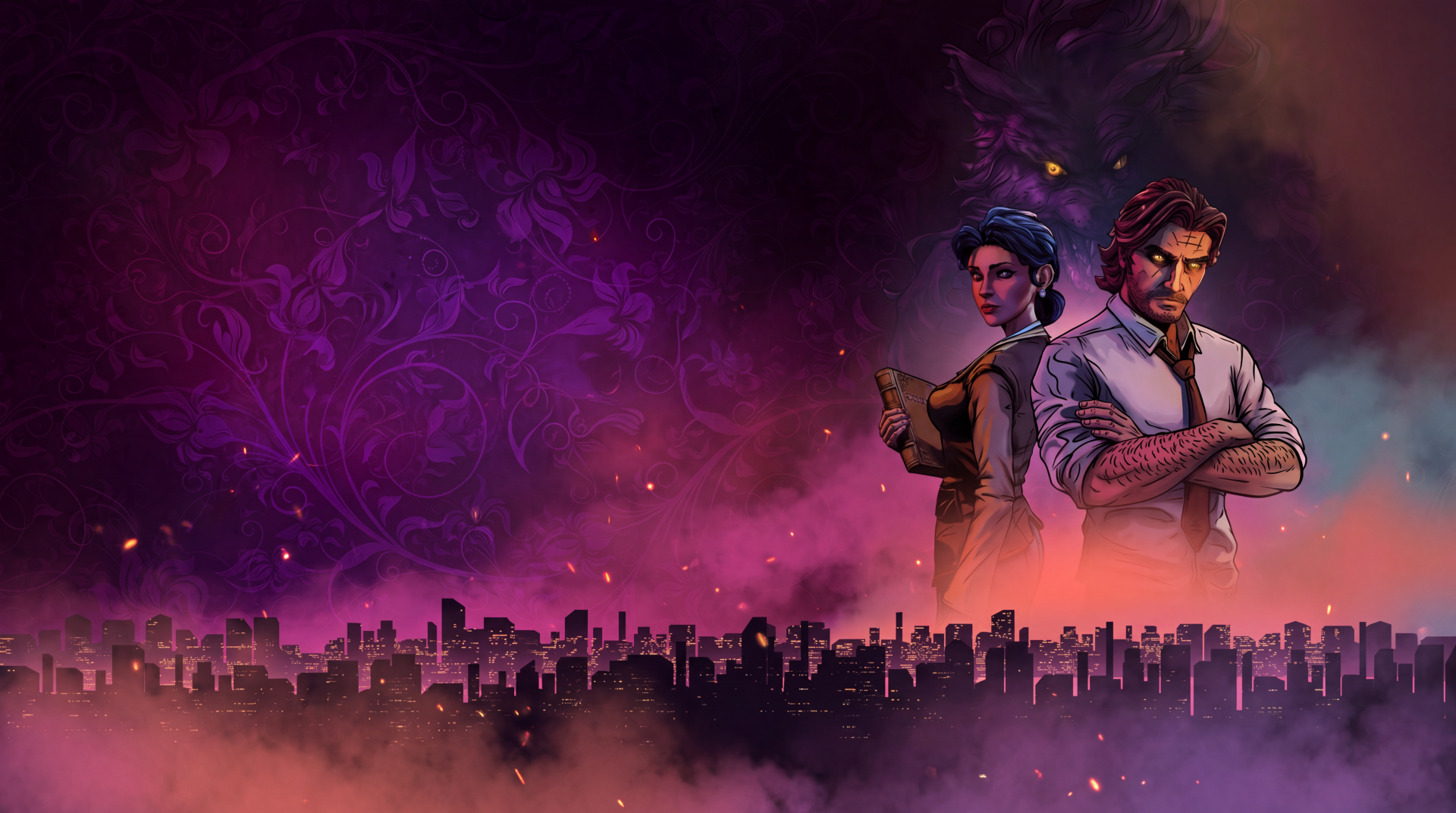 5K Ultra HD PC desktop wallpaper of Bigby Wolf overlooking a city skyline in The Wolf Among Us Remastered.